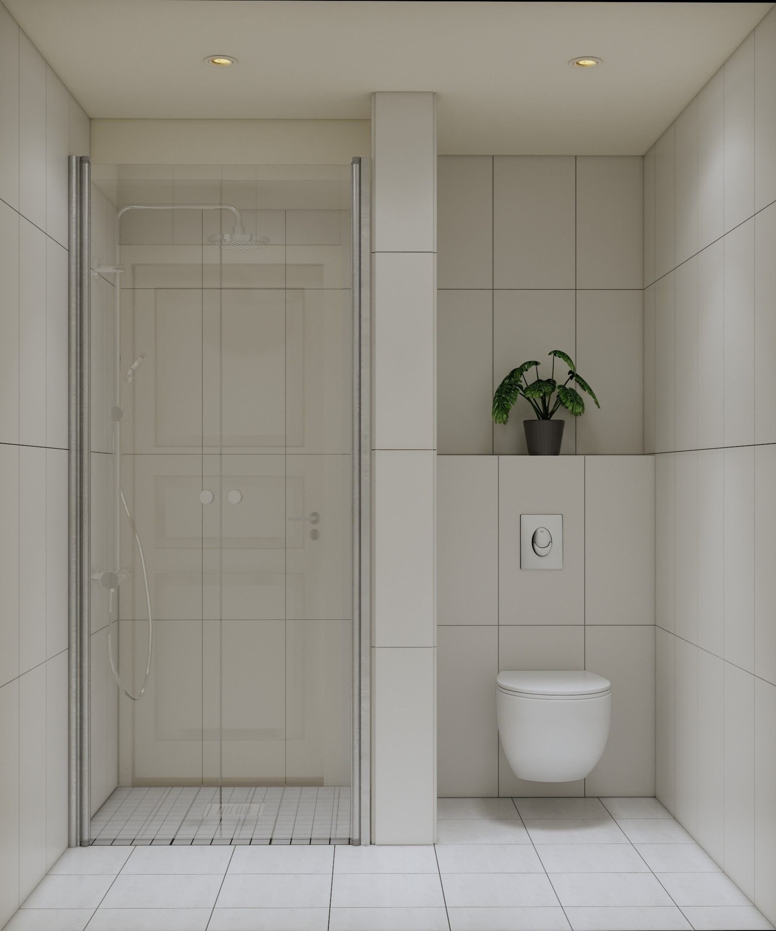 Illustrasjonsbilde viser hvordan badet i 1. etg kan se ut hvis wc-rom utvides til baderom. Man kan velge andre fliser, produkter og planløsning enn bildet viser. Boligen vil da få et bad i 1. etg og et større bad i 2. etg. Se arbeidsbeskrivelse. Galleribilde