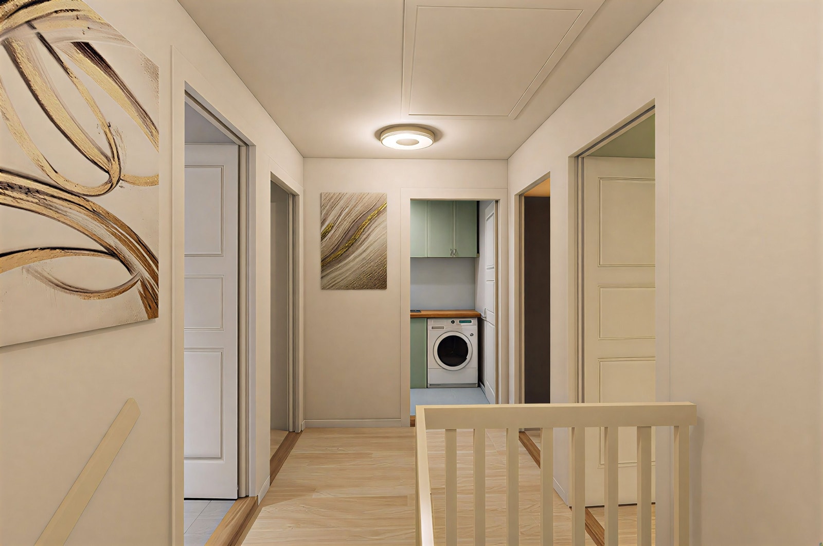 Illustrasjonsbilde viser hvordan gangen i 2. etg kan se ut når den er ferdig pusset opp. Man kan velge andre farger, materialer og produkter enn det som er vist på bildet. Se arbeidsbeskrivelse og spesifikasjoner. Galleribilde