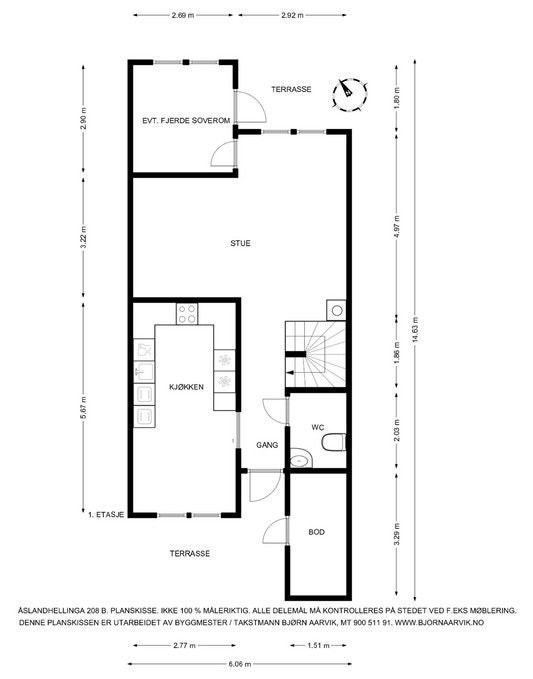 Plantegning 1. etasje.
- Kjøper kan velge åpen kjøkken-/stueløsning i stedet for eget kjøkken hvis det er ønskelig.
- Kjøper kan velge bort det fjerde soverommet i første etasje hvis ønskelig og la arealet være åpent mot stuen. Se arbeidsbeskrivelse. Galleribilde