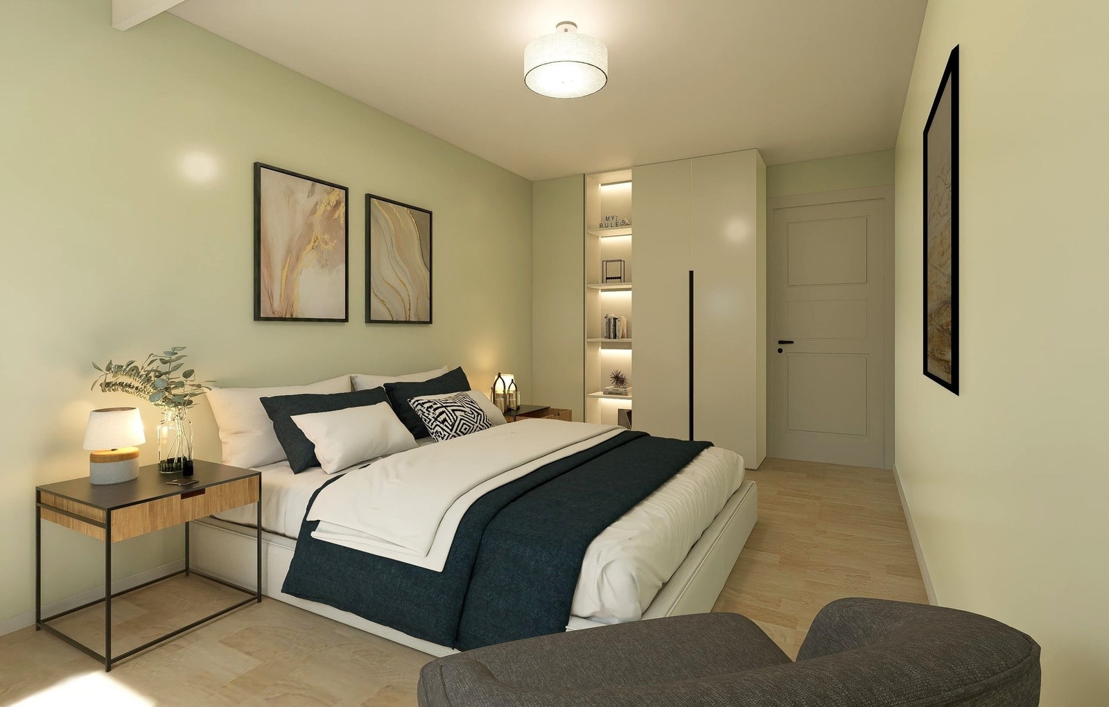 Soverom 3. Illustrasjonsbilde viser hvordan soverom 3 kan se ut når den er ferdig pusset opp. Det er mulighet for totalt 4 soverom i boligen. Man kan velge andre farger og materialer enn bildet viser. Se arbeidsbeskrivelse og spesifikasjoer. Galleribilde