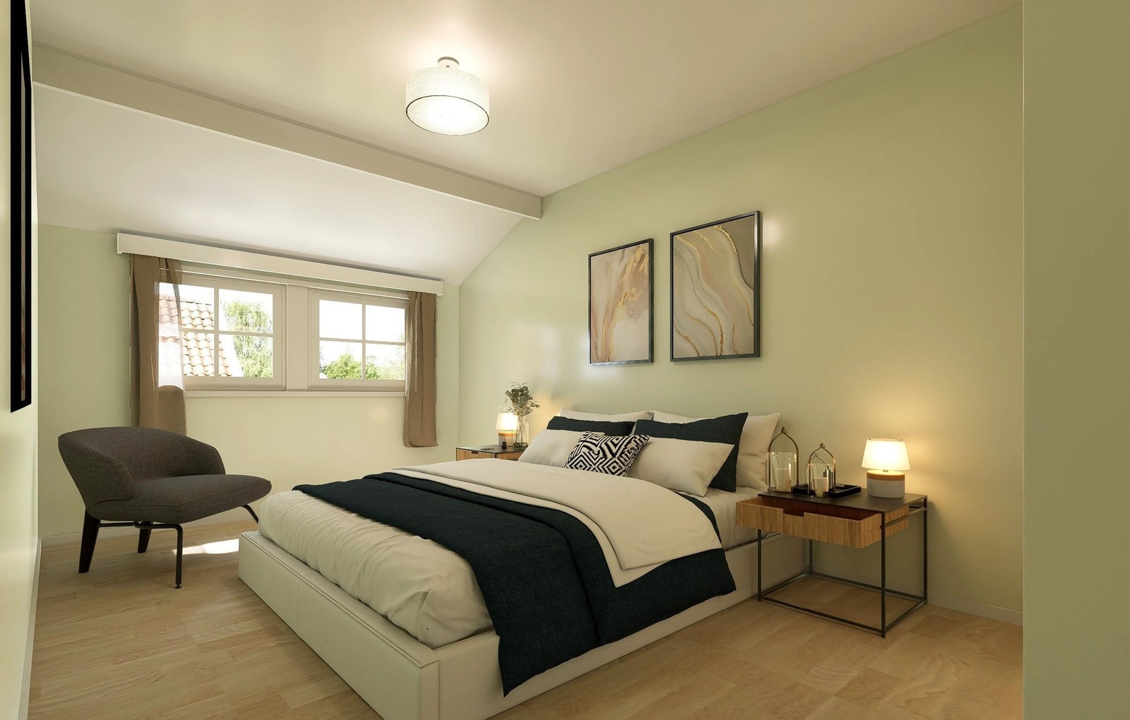 Soverom 3. Illustrasjonsbilde viser hvordan soverom 3 kan se ut når den er ferdig pusset opp. Det er mulighet for totalt 4 soverom i boligen. Man kan velge andre farger og materialer enn bildet viser. Se arbeidsbeskrivelse og spesifikasjoer. Galleribilde