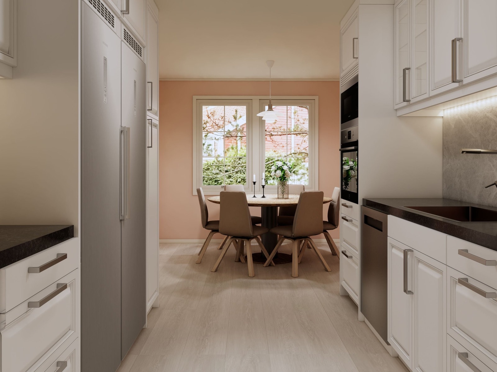 Kjøkken må totaloppusses. Illustrasjonsbilde viser hvordan et stort og moderne kjøkken kan se ut med Epoq kjøkkeninnredning og hvitevarer fra Elkjøp. Kjøper kan velge andre farger, produkter og kjøkkeninnredning. Se arbeidsbeskrivelse. Galleribilde