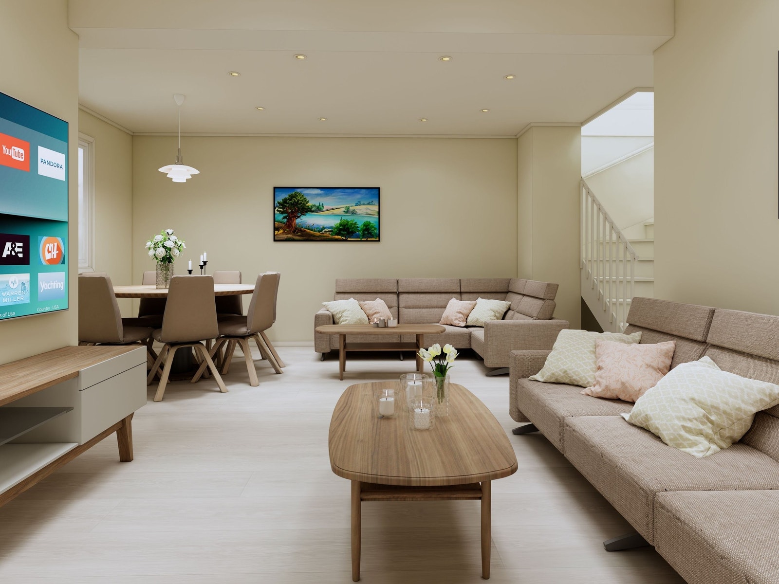 Illustrasjonsbilde viser hvordan stuen kan se ut når den er ferdig pusset opp. Man kan velge andre planløsninger, farger, materialer og produkter enn det som er vist på bildet. Se arbeidsbeskrivelse og spesifikasjoner. Galleribilde