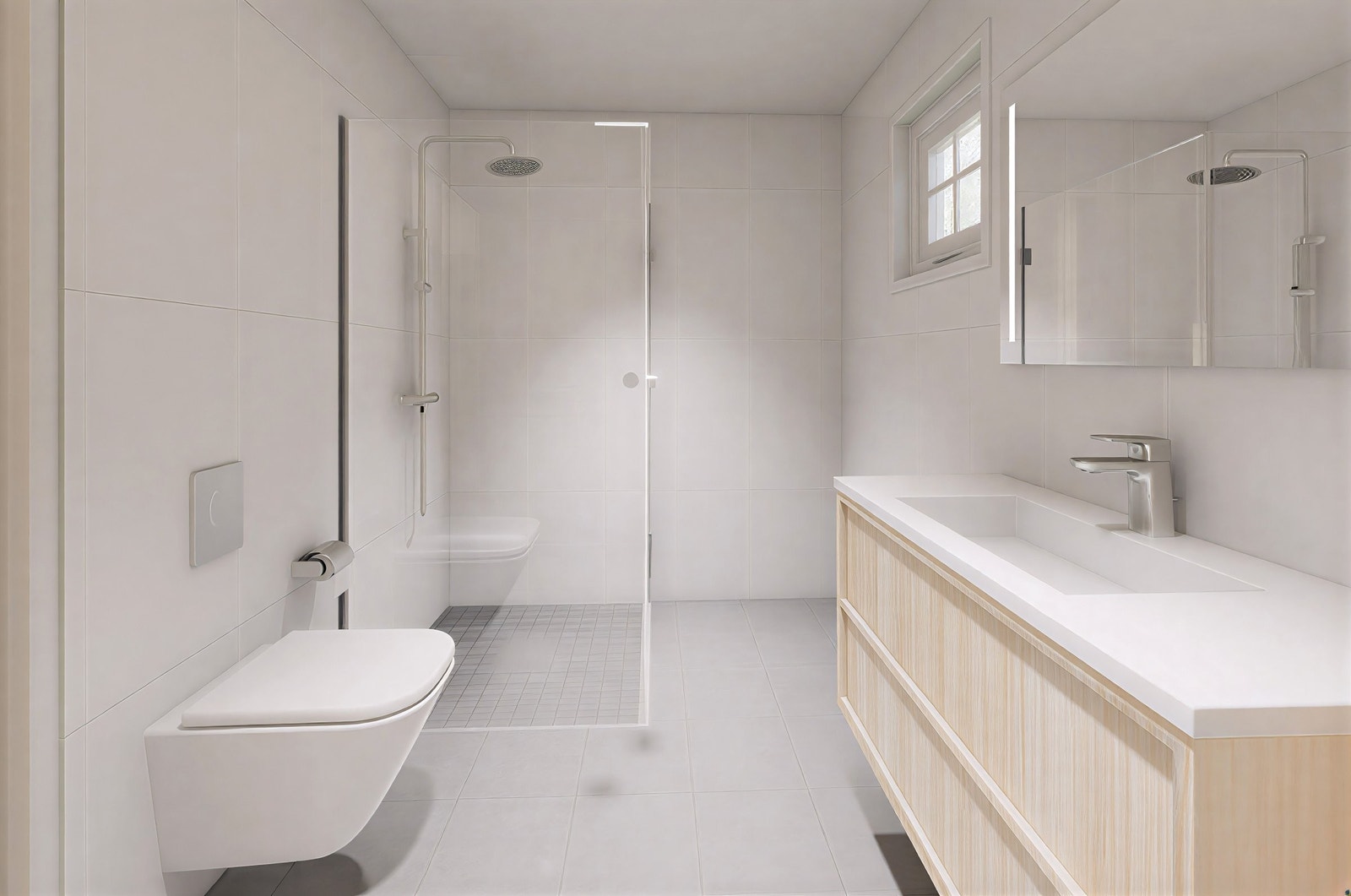 Illustrasjonsbilde viser hvordan et moderne bad i 2. etg kan se ut når det er ferdig pusset opp. Man kan velge andre fliser, produkter og baderomsinnredning enn det som er vist. Se arbeidsbeskrivelse og spesifikasjoner. Galleribilde