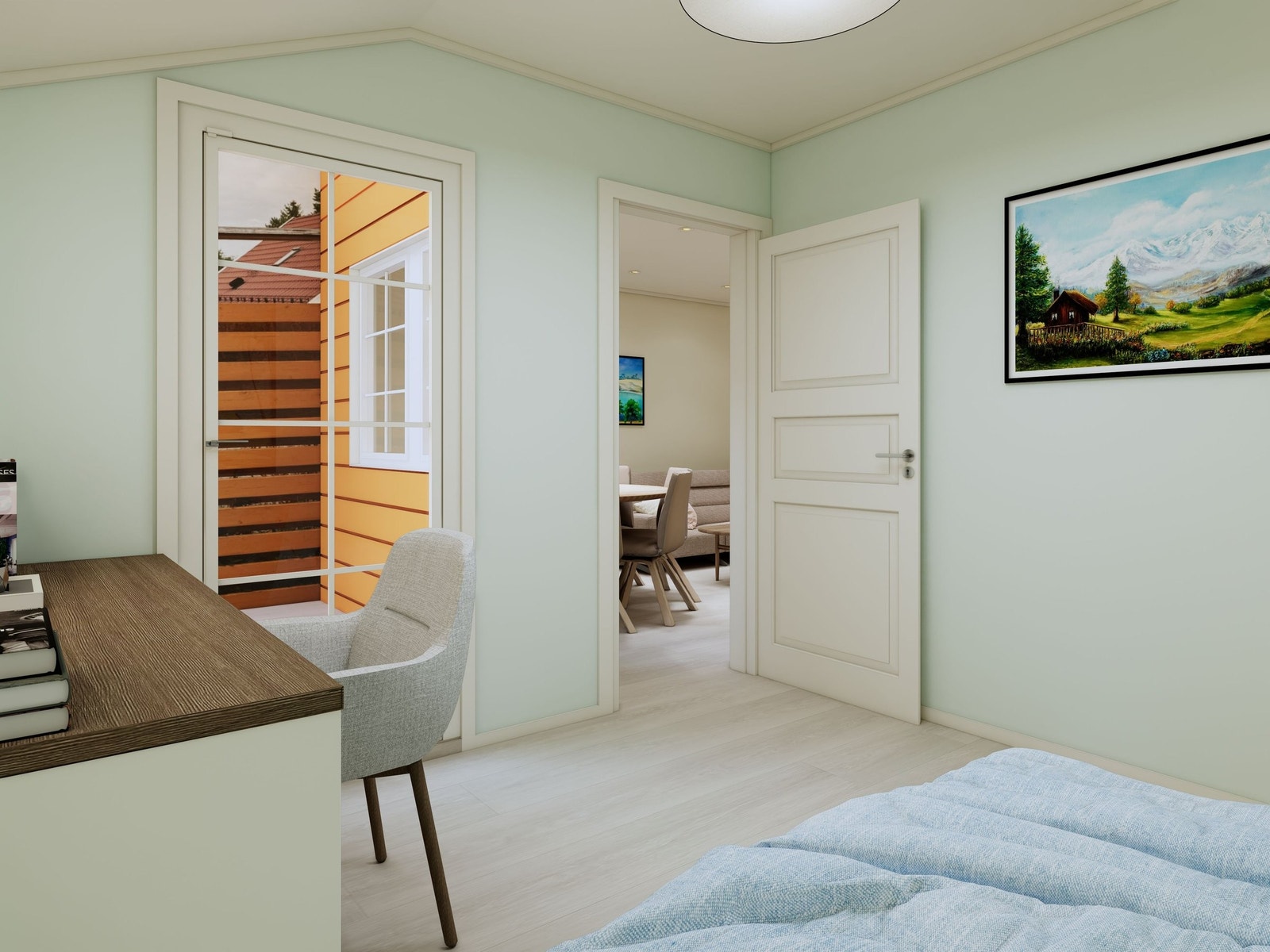 Illustrasjonsbilde viser hvordan det fjerde soveromnet kan se ut hvis den blir etablert i venstre hjørne av stuedelen. Det vil bli totalt 4 soverom i boligen. Man kan velge andre farger, materialer og planløsning enn bildet viser. Se arbeidsbeskrivelse. Galleribilde