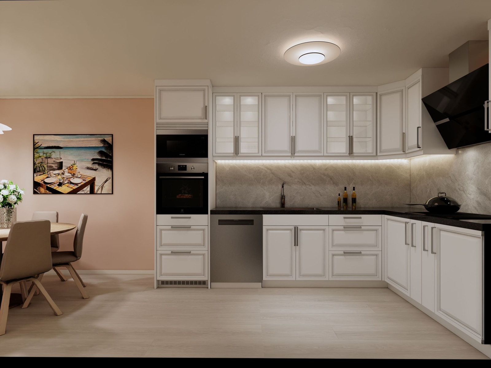 Kjøkken må totaloppusses. Illustrasjonsbilde viser hvordan et stort og moderne kjøkken kan se ut med Epoq kjøkkeninnredning og hvitevarer fra Elkjøp. Kjøper kan velge andre farger, produkter og kjøkkeninnredning. Se arbeidsbeskrivelse. Galleribilde