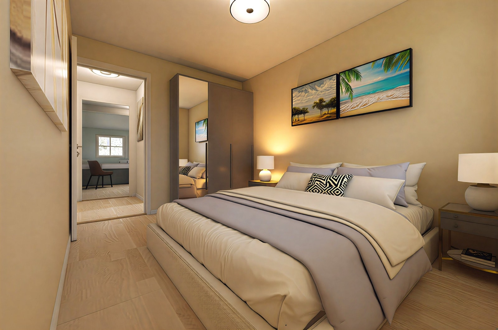 Soverom 2. Illustrasjonsbilde viser hvordan soverom 2 kan se ut når den er ferdig pusset opp. Det er mulighet for totalt 4 soverom i boligen. Man kan velge andre farger og materialer enn bildet viser. Se arbeidsbeskrivelse og spesifikasjoer. Galleribilde