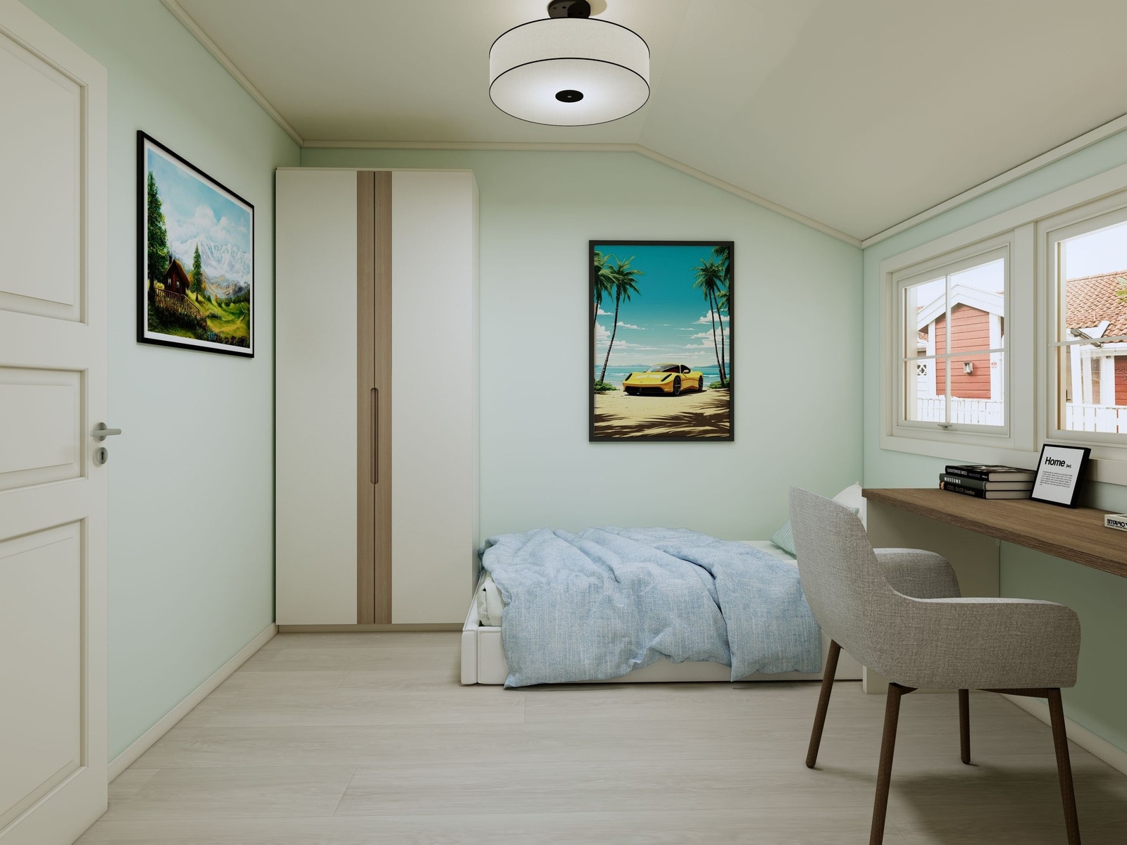 Illustrasjonsbilde viser hvordan det fjerde soveromnet kan se ut hvis den blir etablert i venstre hjørne av stuedelen. Det vil bli totalt 4 soverom i boligen. Man kan velge andre farger, materialer og planløsning enn bildet viser. Se arbeidsbeskrivelse. Galleribilde