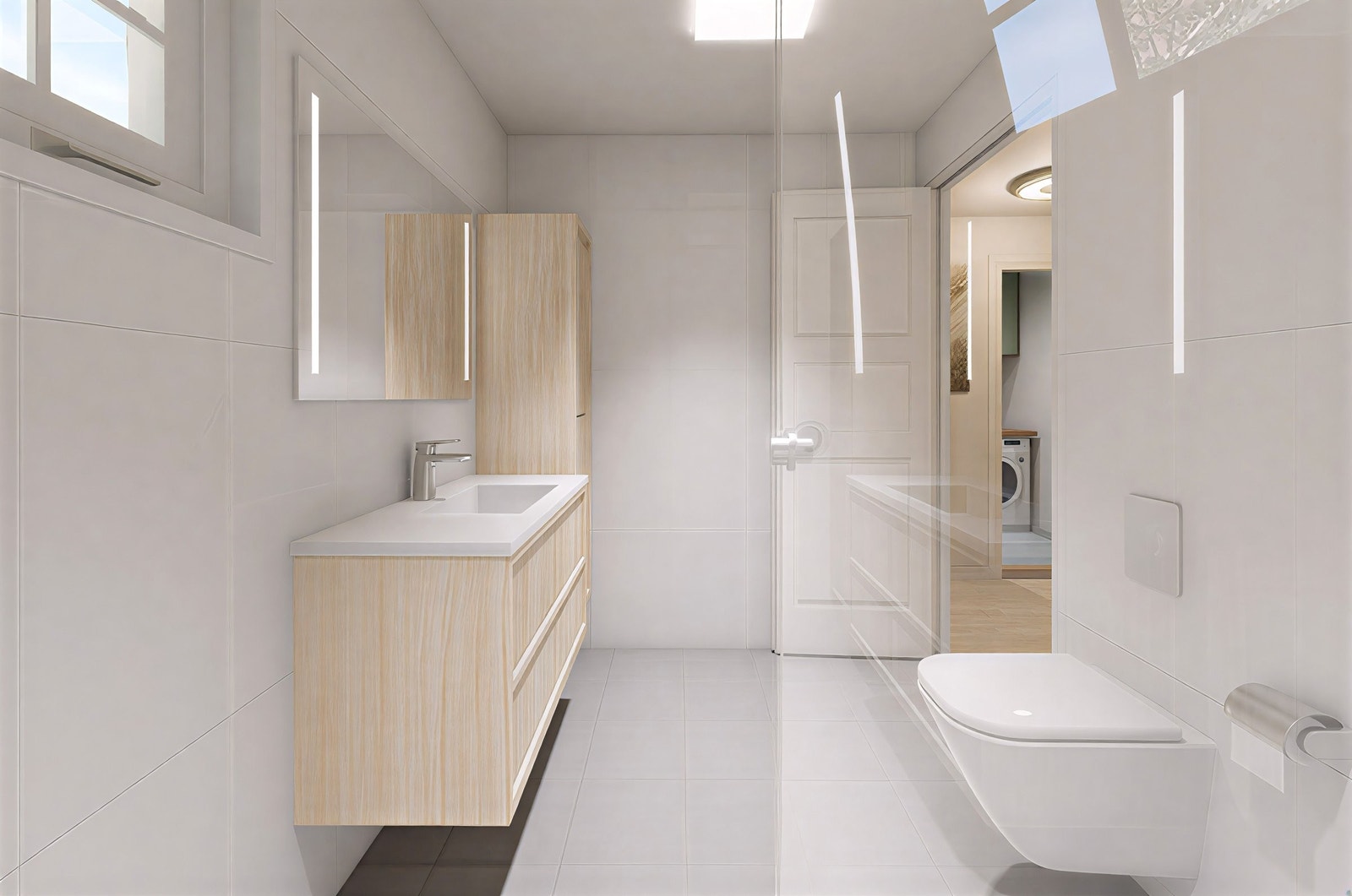 Illustrasjonsbilde viser hvordan et moderne bad i 2. etg kan se ut når det er ferdig pusset opp. Man kan velge andre fliser, produkter og baderomsinnredning enn det som er vist. Se arbeidsbeskrivelse og spesifikasjoner. Galleribilde