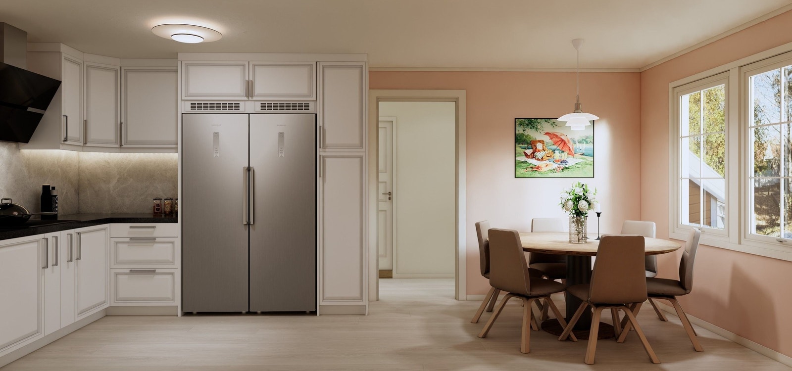 Kjøkken må totaloppusses. Illustrasjonsbilde viser hvordan et stort og moderne kjøkken kan se ut med Epoq kjøkkeninnredning og hvitevarer fra Elkjøp. Kjøper kan velge andre farger, produkter og kjøkkeninnredning. Se arbeidsbeskrivelse. Galleribilde