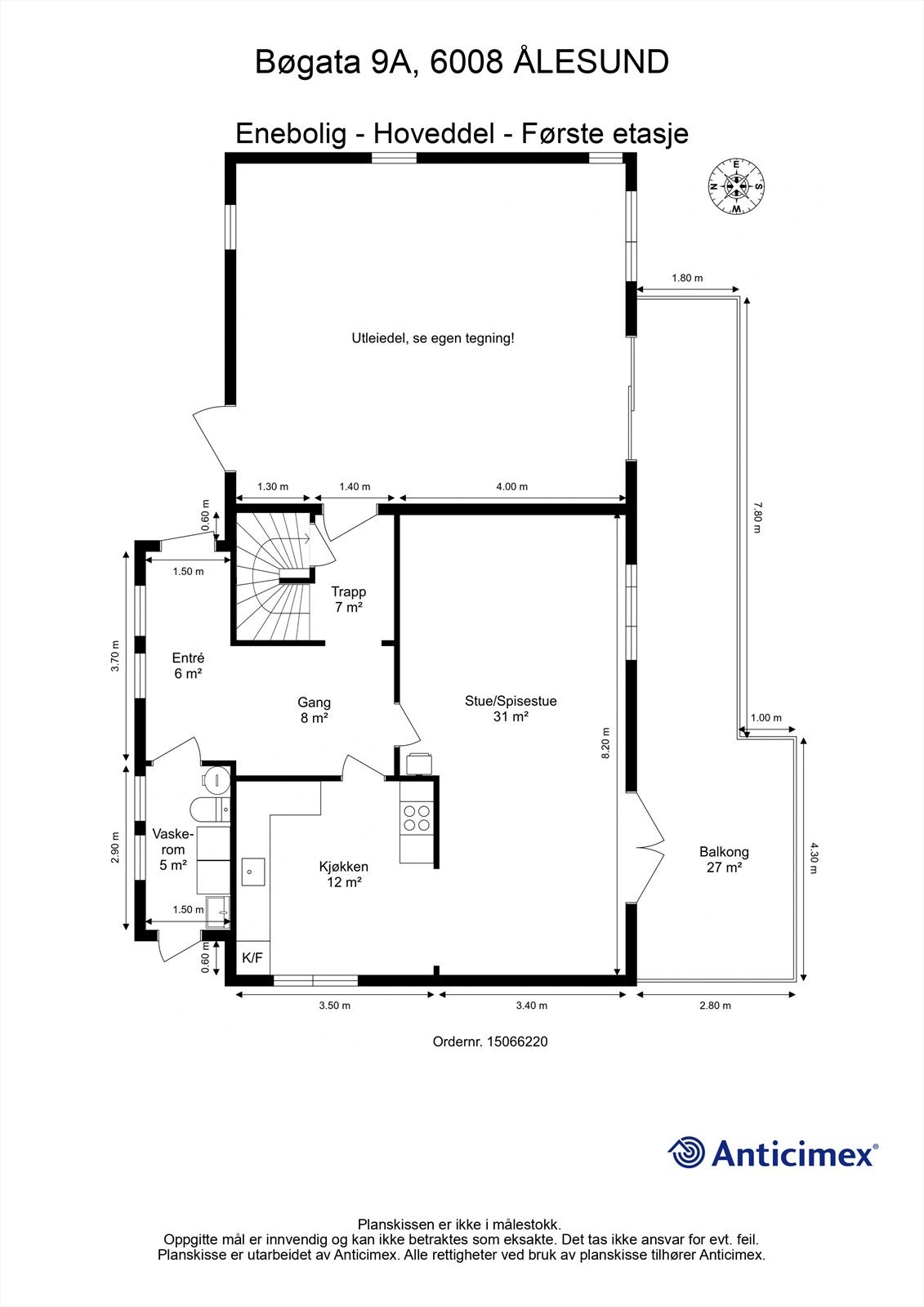 Målsatt plantegning hovedetasje Galleribilde