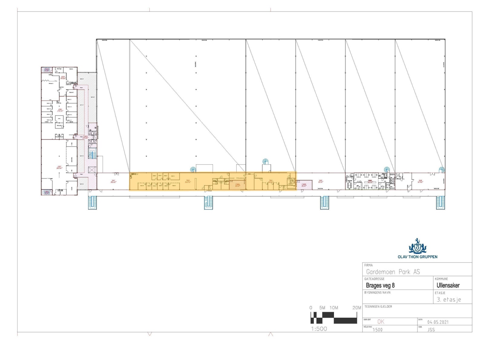 Planløsning for kontordel arealnr 1303 og 1304 er merket i gult Galleribilde