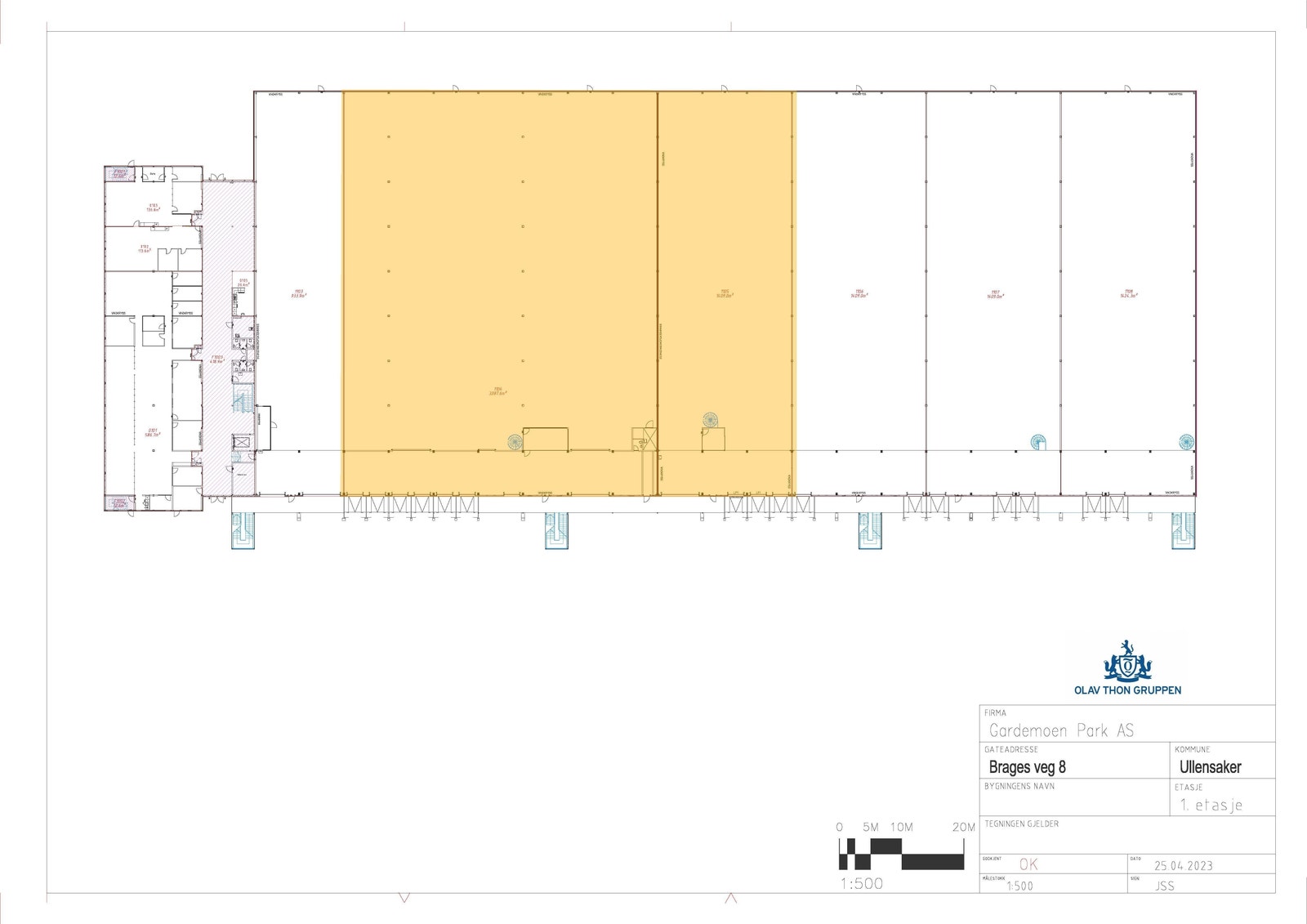 Planløsning for lager arealnr 1104 og 1105 er merket med gult Galleribilde