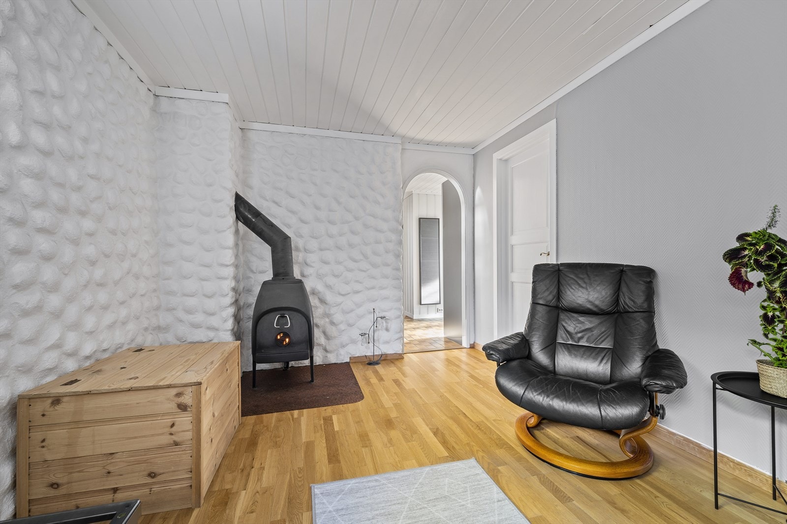 Lys og pen kjellerstue med vedfyring Galleribilde