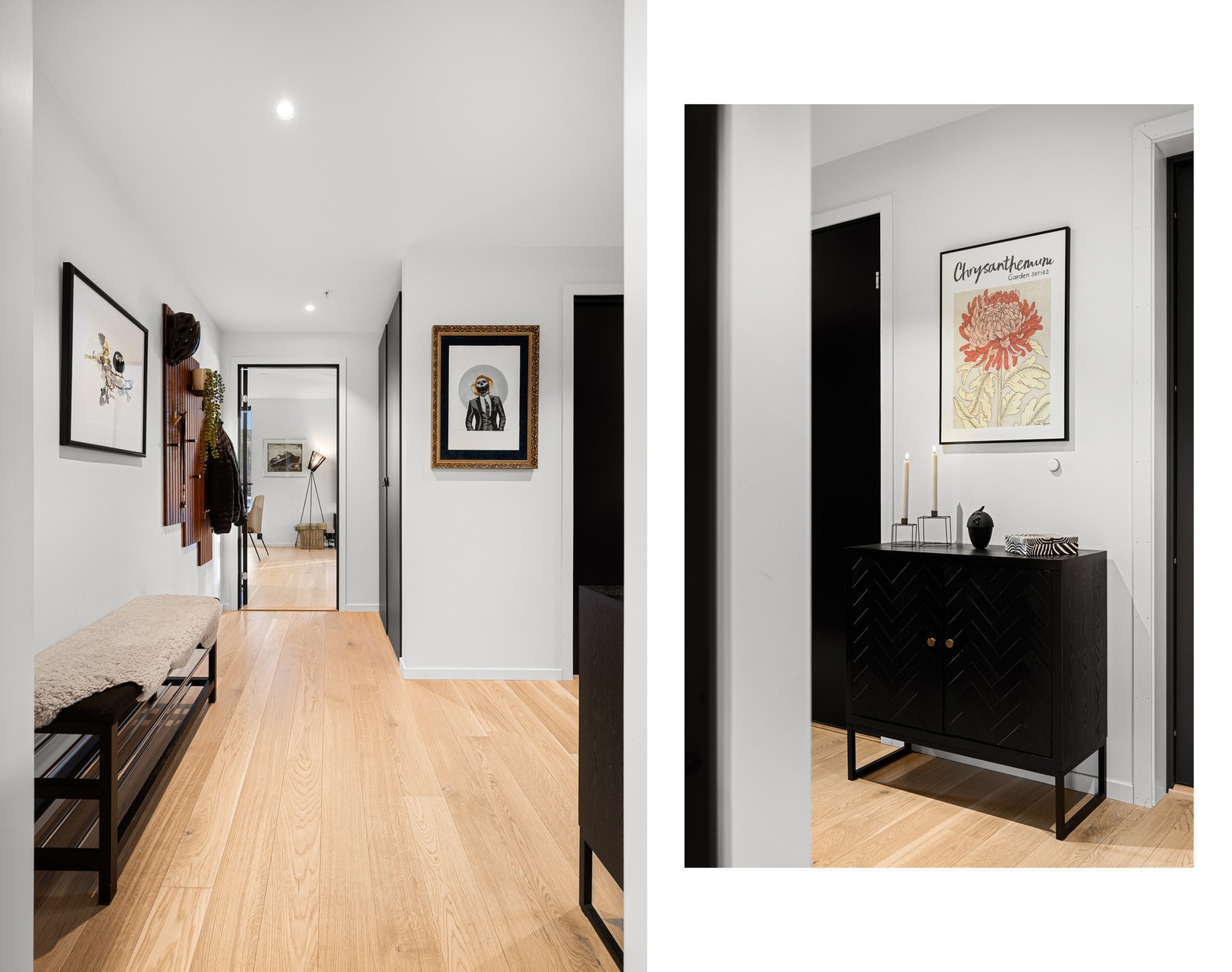 Lys og romslig entré med god plass til både sittemøbel og oppbevaringsløsninger, her er det også varme i gulvet Galleribilde