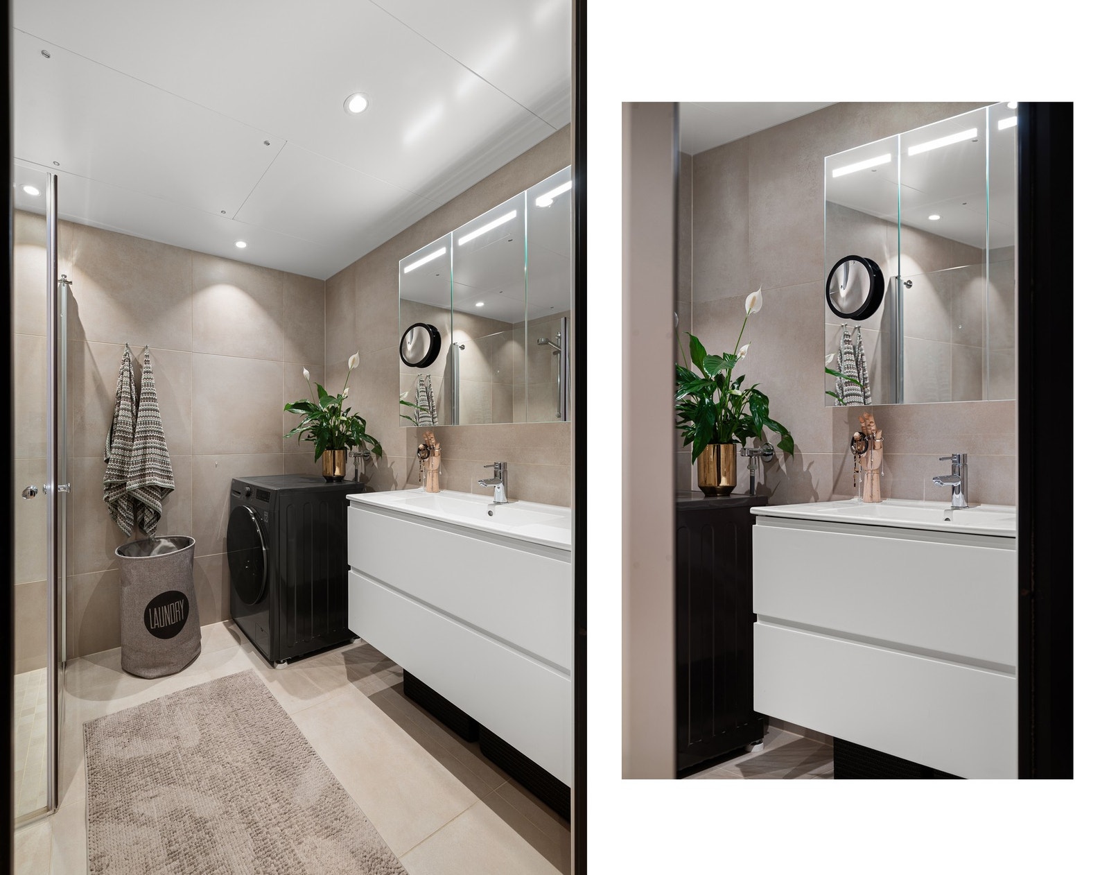 Leiligheten har et flott flislagt bad/vaskerom med varmekabler i gulvet Galleribilde