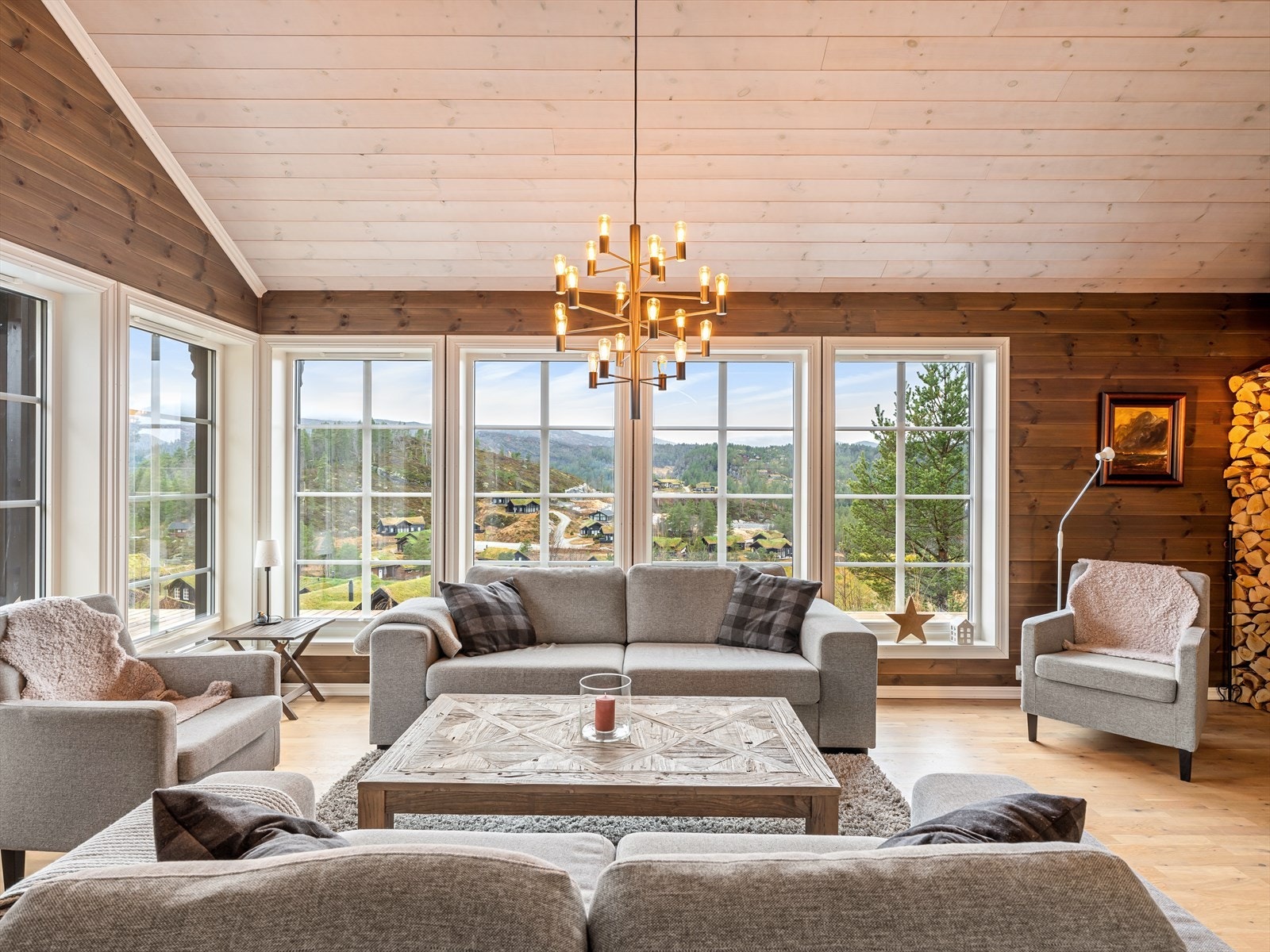 En herlig stue som skaper ro og trivsel. Pene kontraster og mye naturlig lys. Galleribilde