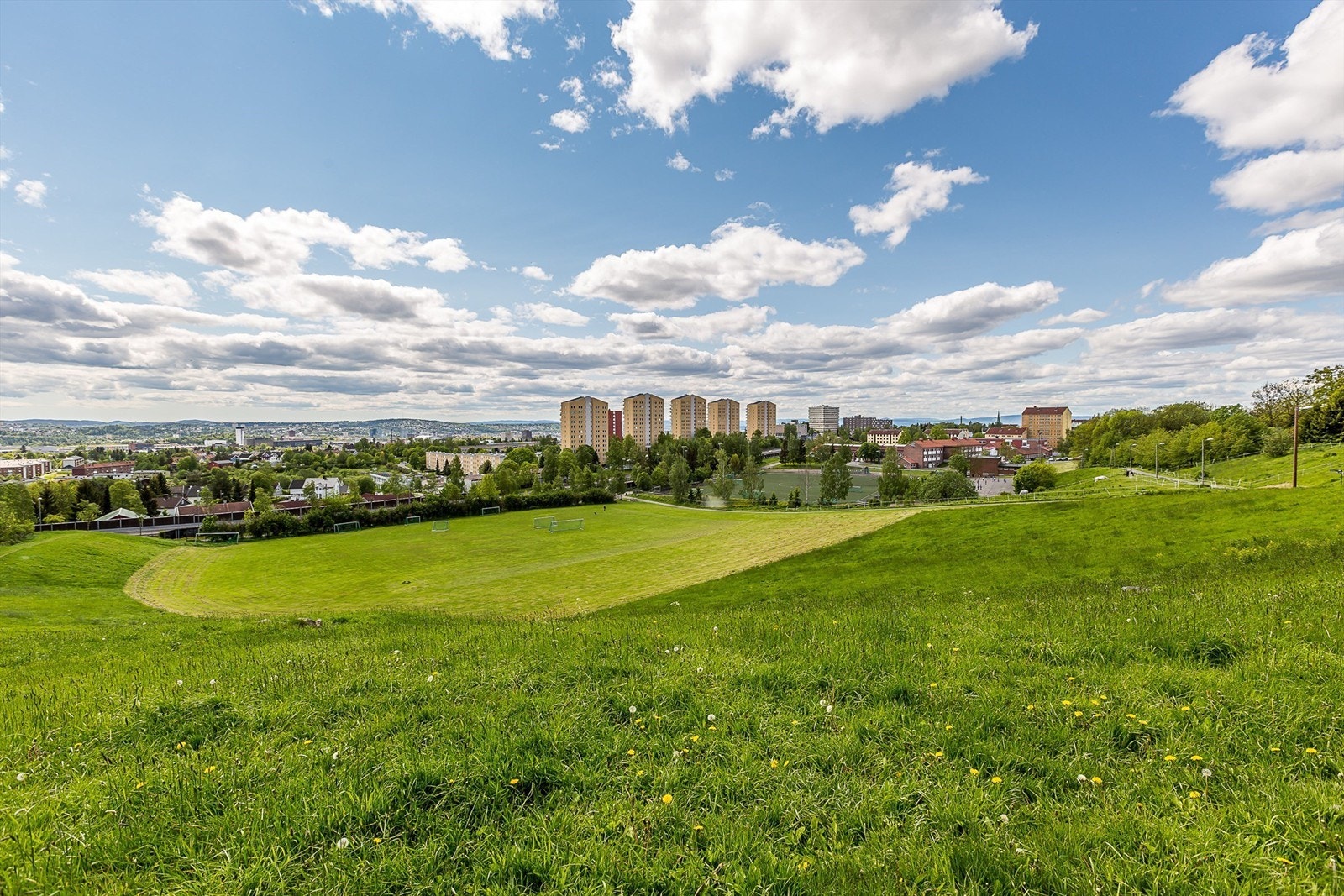 Store grøntområder med fotballbane bortenfor Årvoll skole Galleribilde
