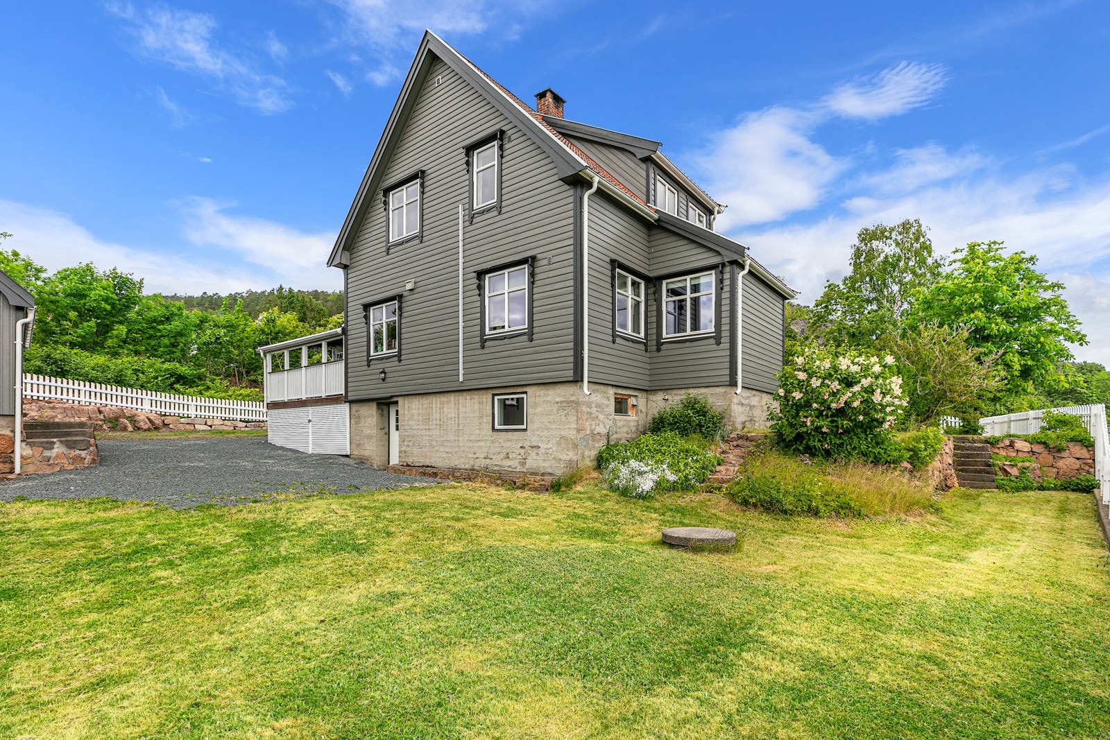 Fasade mot syd og dør inn til kjeller/hobbyrom, anneks/uthus til venstre. Galleribilde