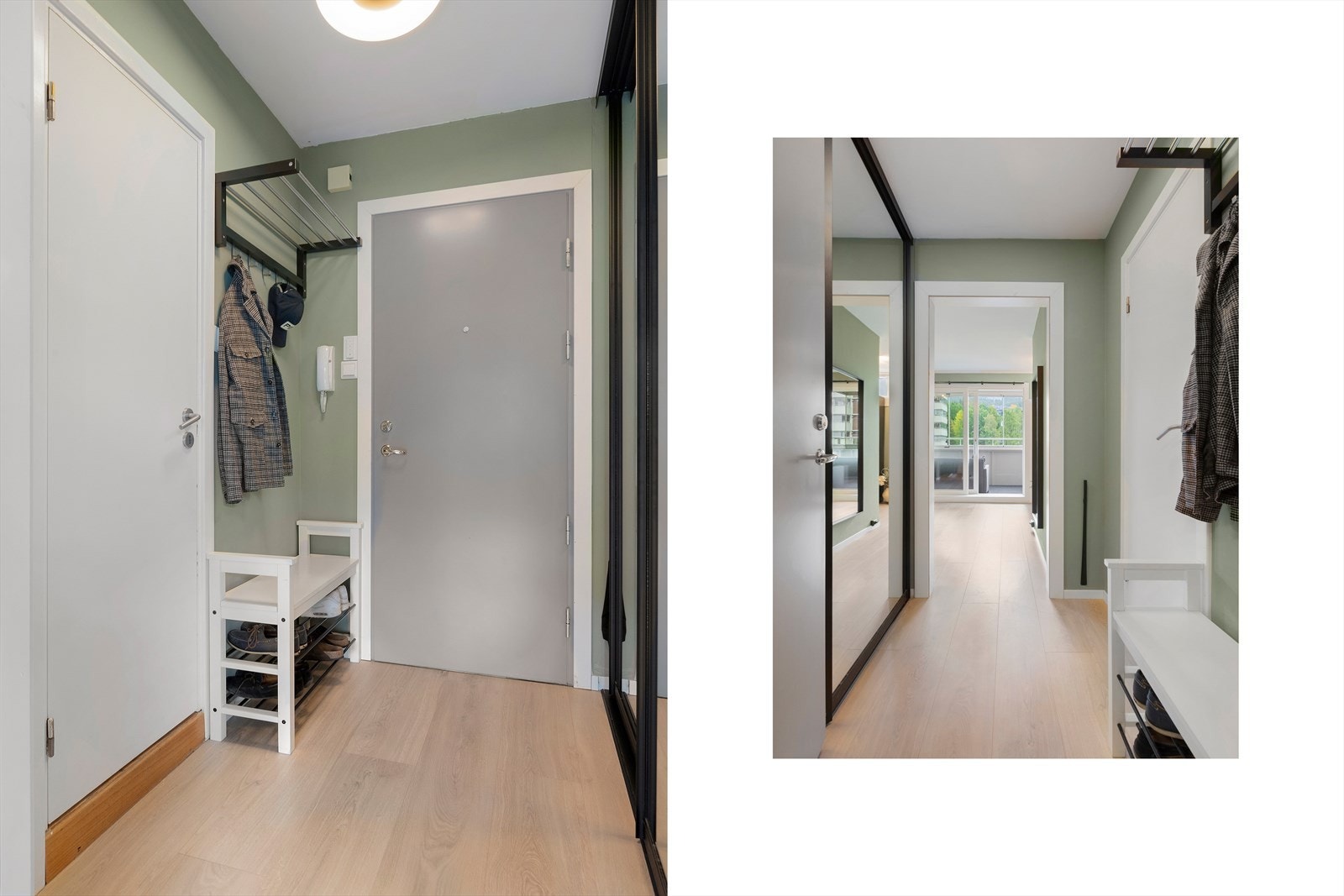 Velkommen inn! Her er det plass til å henge fra seg yttertøy. Galleribilde