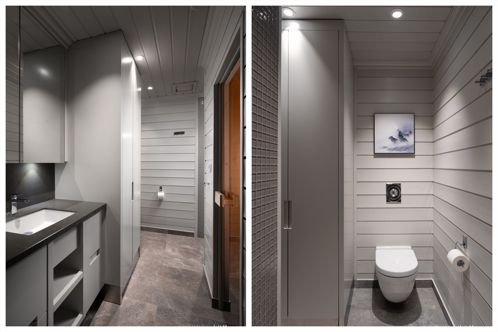 Badet er delikat med vegger i trepanel og mosaikkfliser i dusjsonen. Badromsinnredningen har nedfelt servant med overhengende speil. Galleribilde