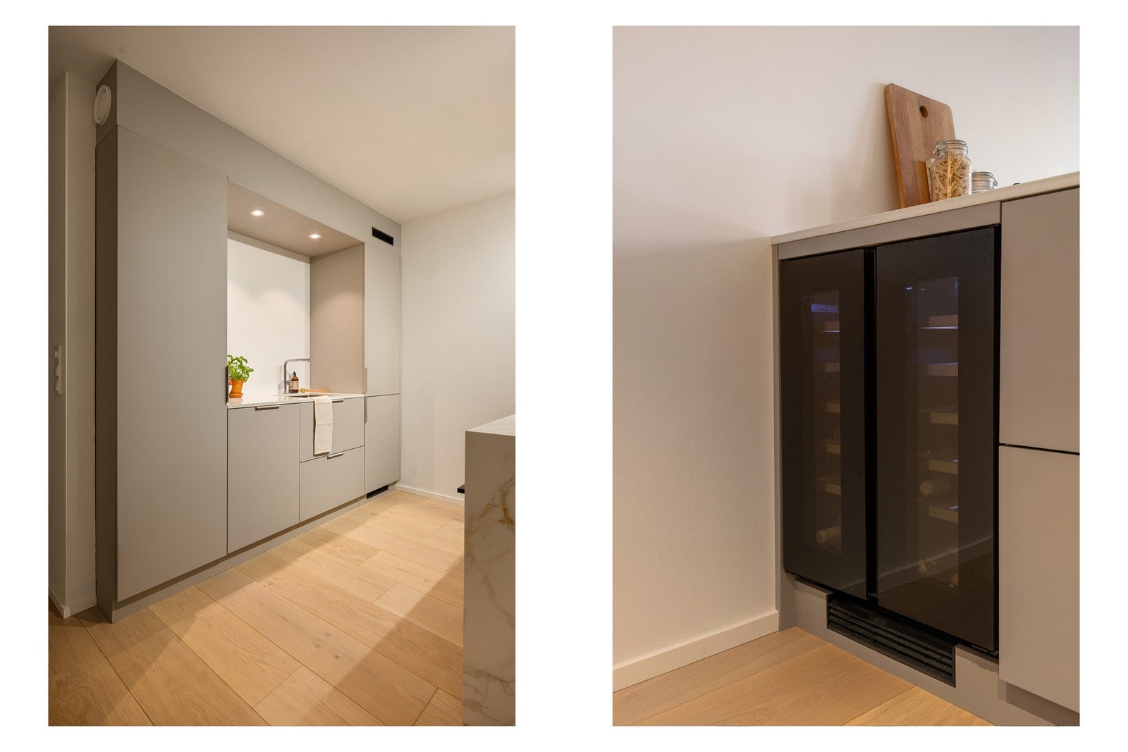 Integrerte hvitevarer medfølger og består av stekeovn, planlimt 80 cm Induksjonstopp, oppvaskmaskin, kjøl og frys, vinskap med 2 soner. Galleribilde