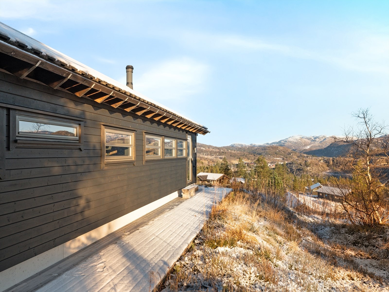 Blindvei med lite trafikk, for kun fem hytter. Samtidig slipper man å ha utsikt mot bilen fra hytta, noe som gir en mer skjermet opplevelse. Galleribilde