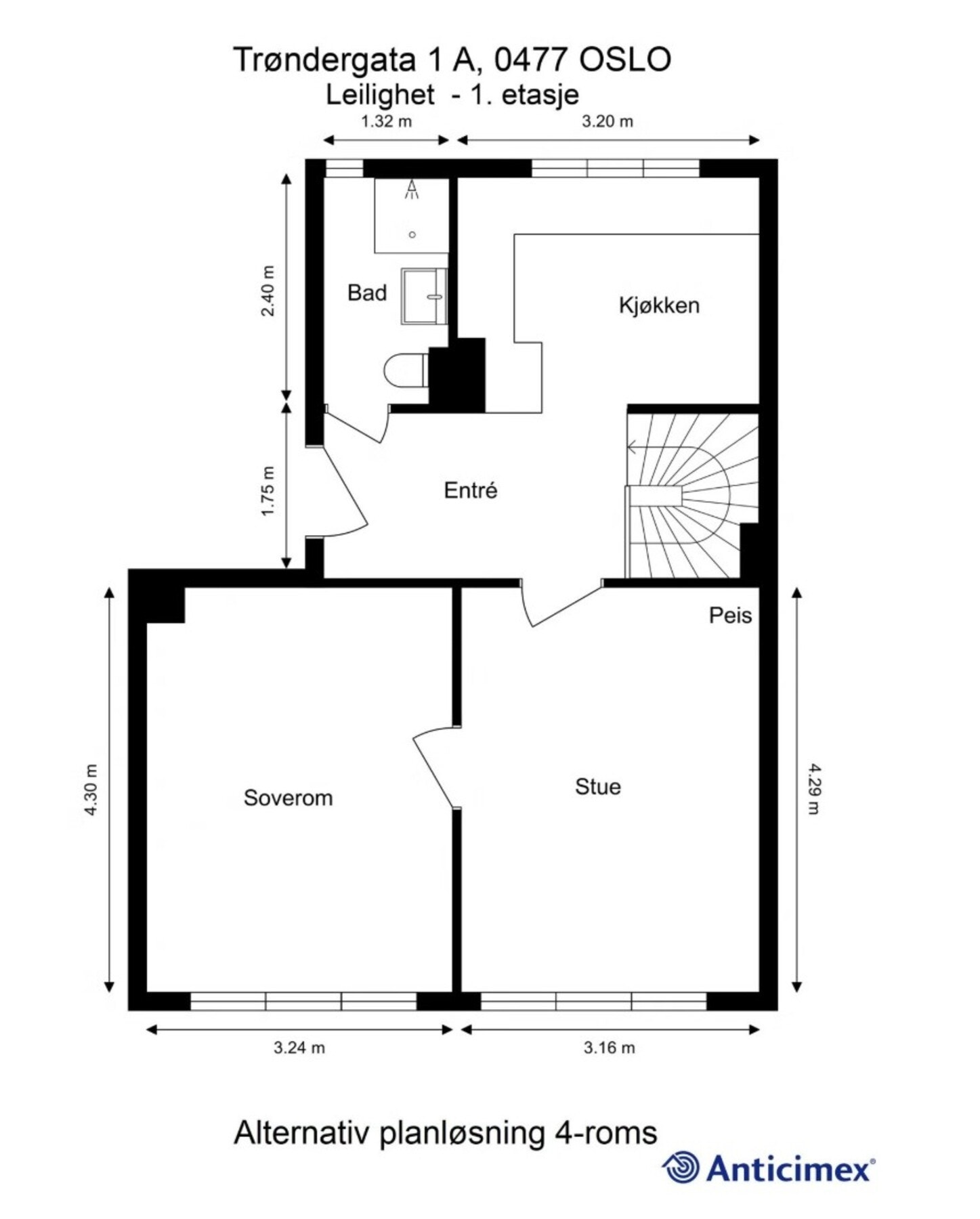 Alternativ plantegning for 4-roms med soverom opp i den ene stuen. Galleribilde