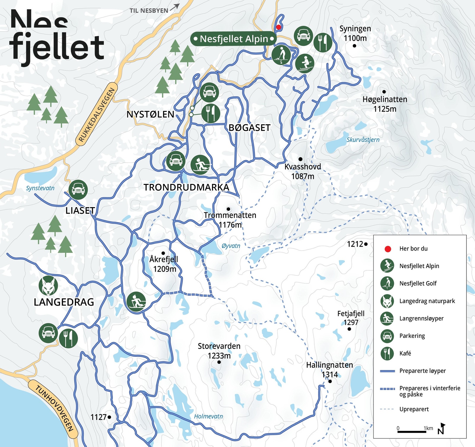 Løypenettet - Nesfjellet Vest er markert med rød prikk Galleribilde