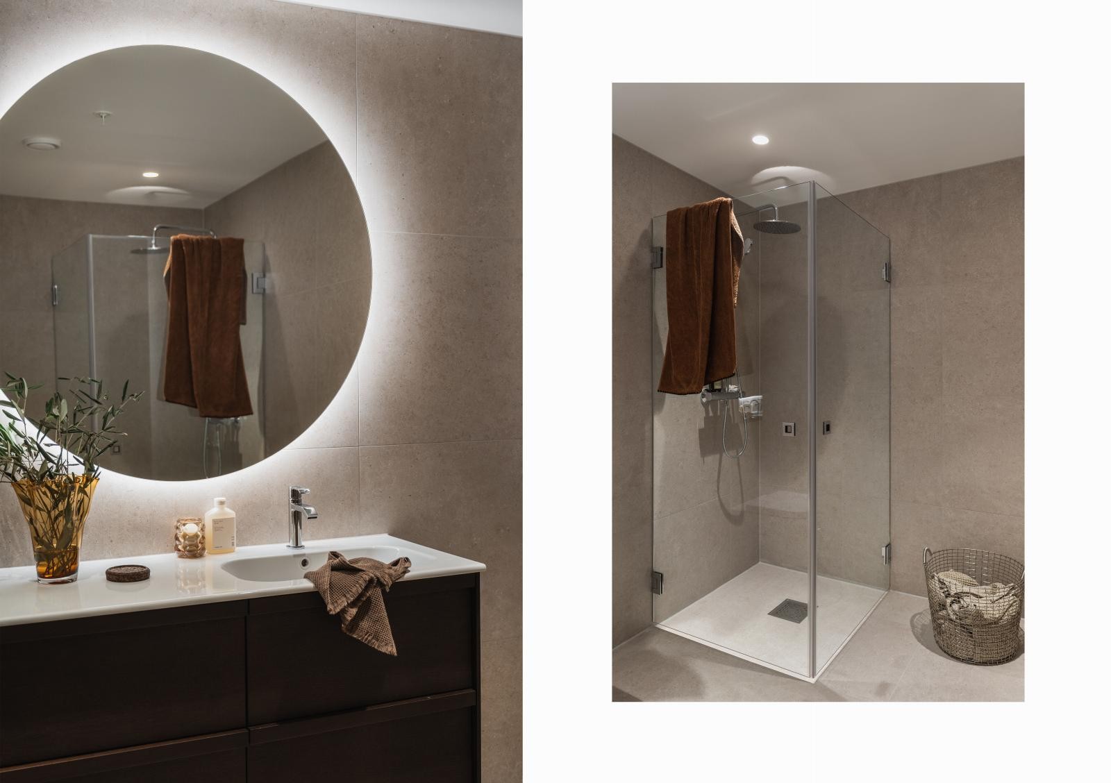 De fantastiske Beren Flisene fra Living Ceramics og sort eik servantmøbel gir badene en behagenlig følelse. Galleribilde