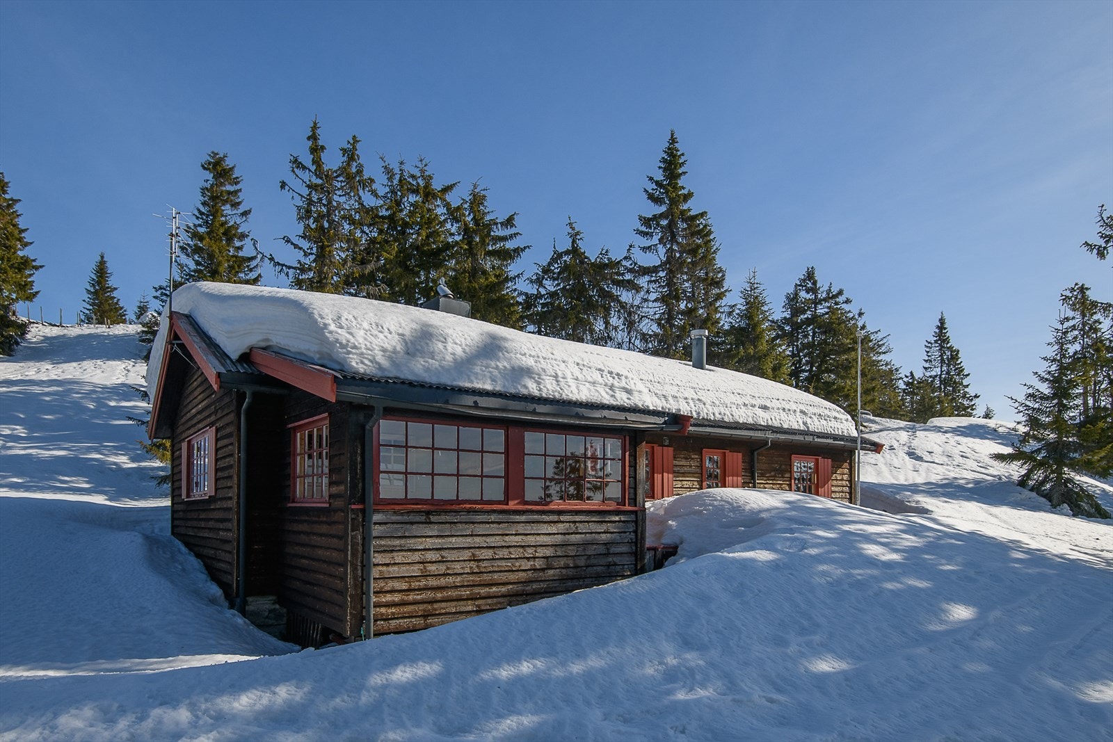 Det er noe skrånende terreng rundt hyttta. Galleribilde