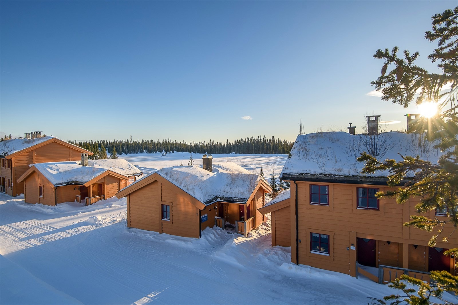Hytta ligger på den nederste rekka i feltet og det er åpent og fritt ned mot veien og tjernet. Galleribilde