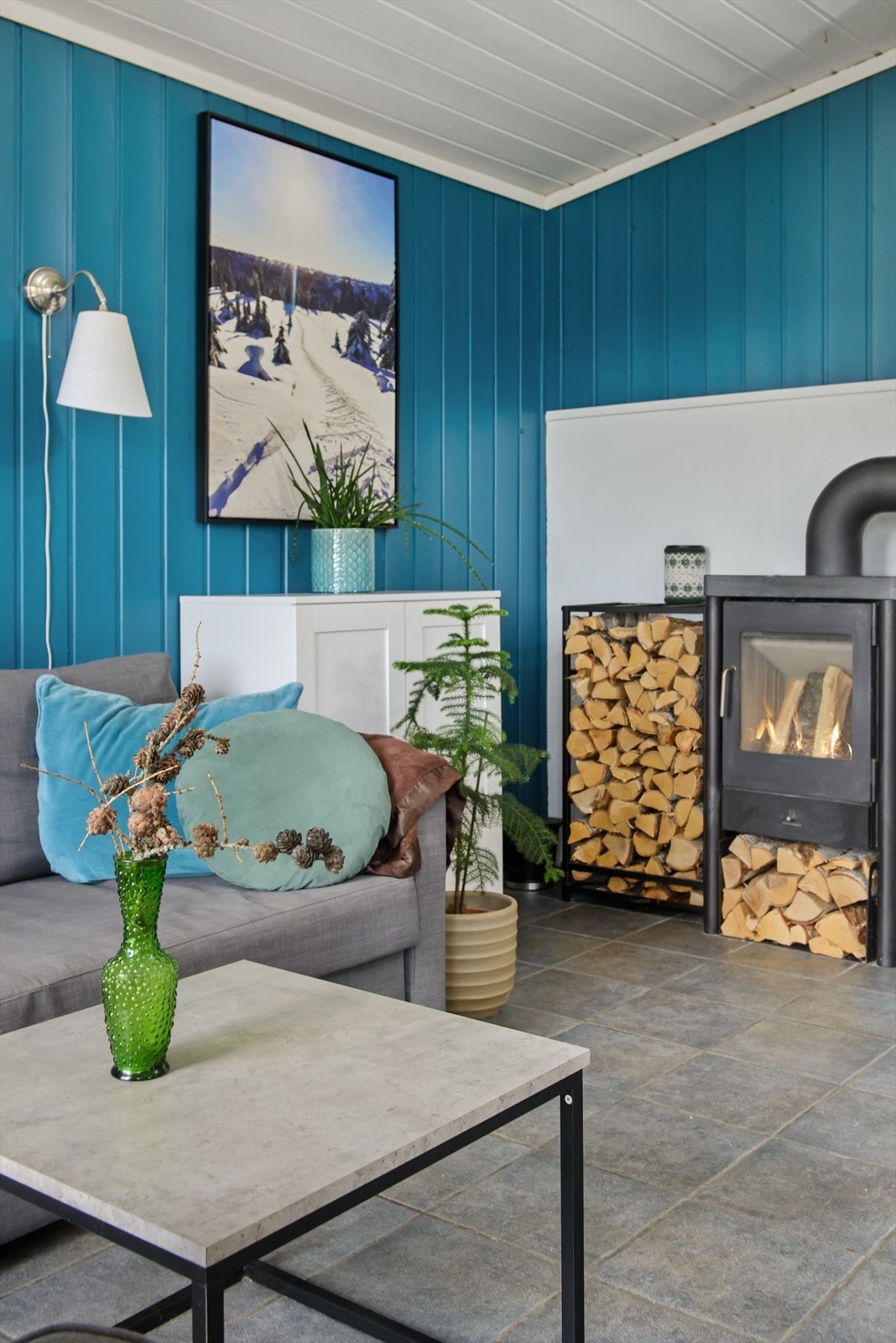 I tillegg til vannbåren varme fra fjernvarmeanlegg er det installert en peisvon i hytta. Denne er god å ha på de kaldeste dagene. Galleribilde