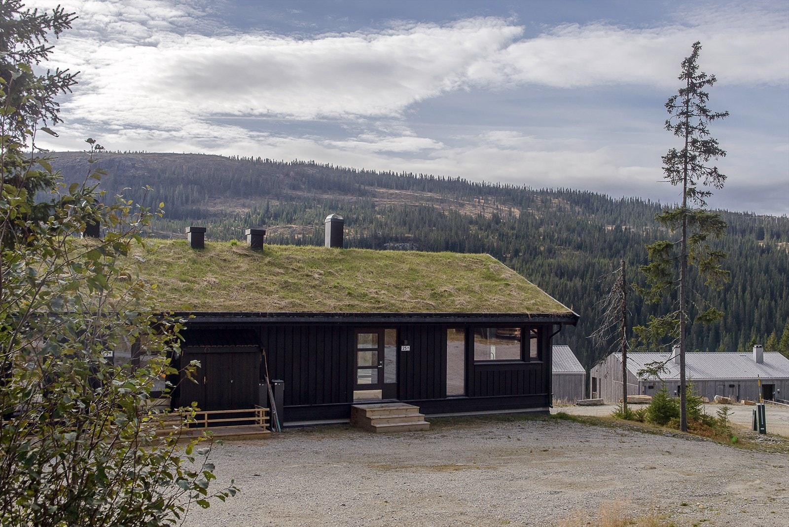 Gruset gårdsplass med muligheter for biloppstilling ved inngangspartiet til leiligheten. Galleribilde