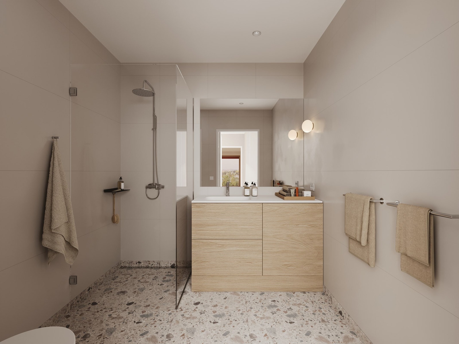 Leilighetene har et delikat flislagt bad med dusjhjørne, toalett, servant og opplegg for vaskemaskin. Dette er en illustrasjon fra leil. C1 506, avvik vil forekomme. Galleribilde