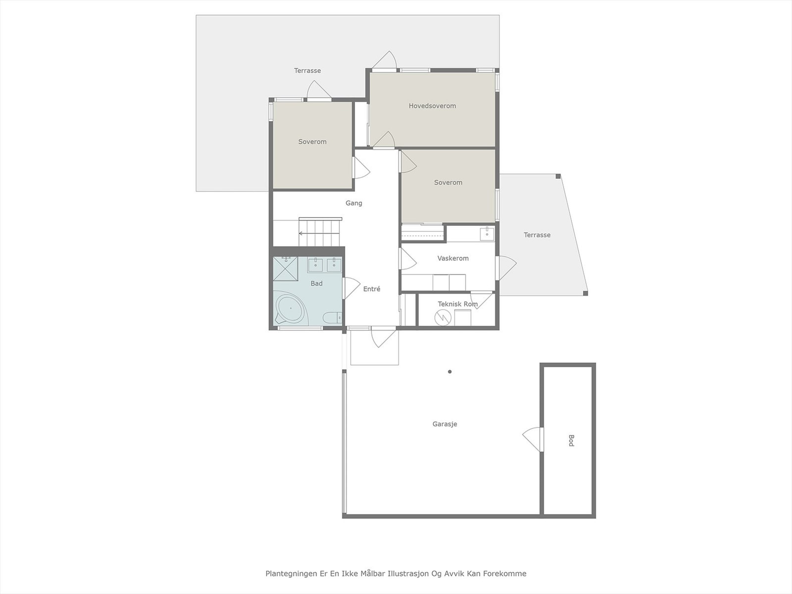 Plantegningen for 1. etasje viser en praktisk planløsning med tre soverom, bad og vaskerom. Galleribilde