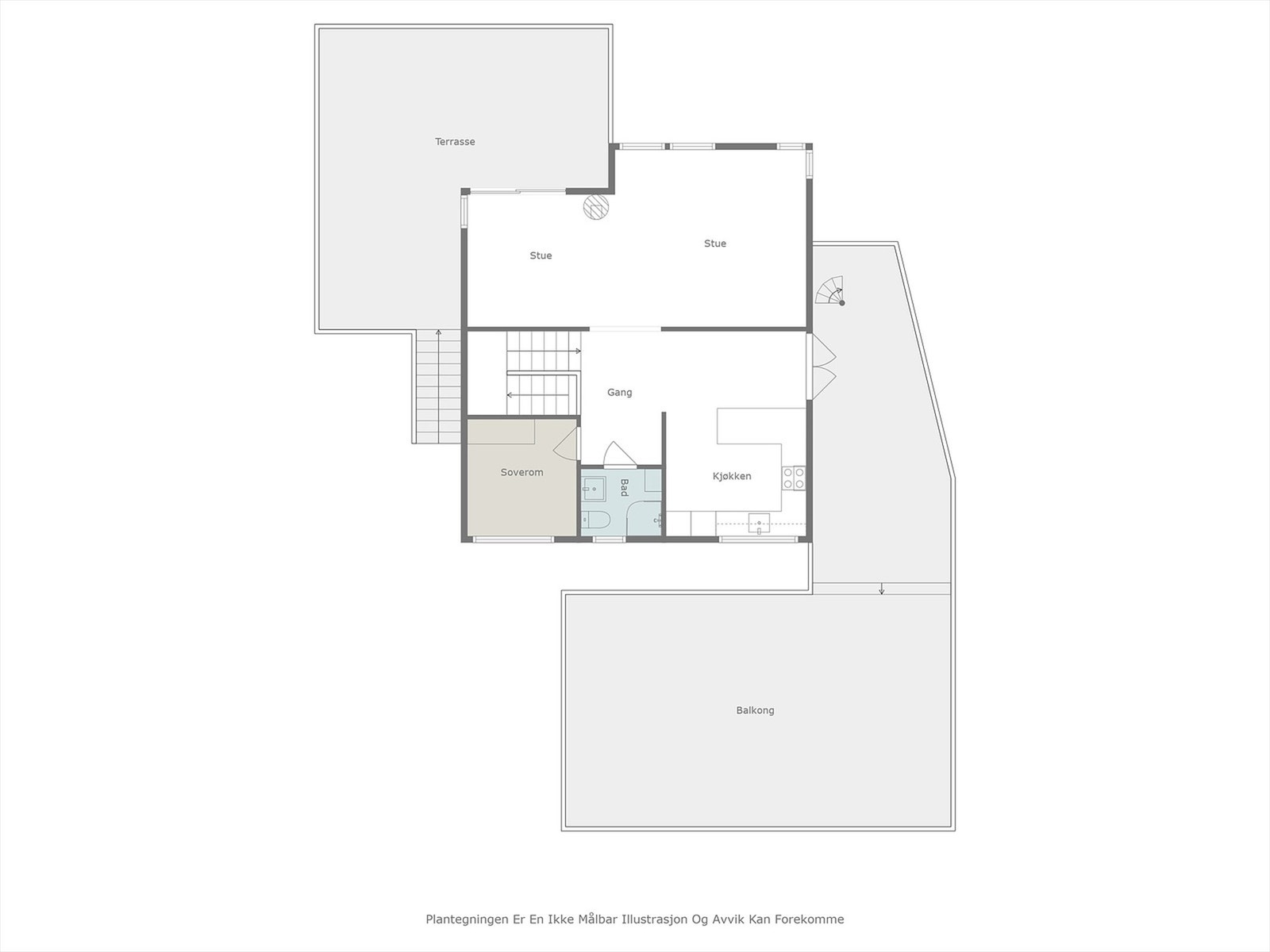 Andre etasje rommer stue, kjøkken, ett soverom og bad, samt utgang til terrassene. Galleribilde