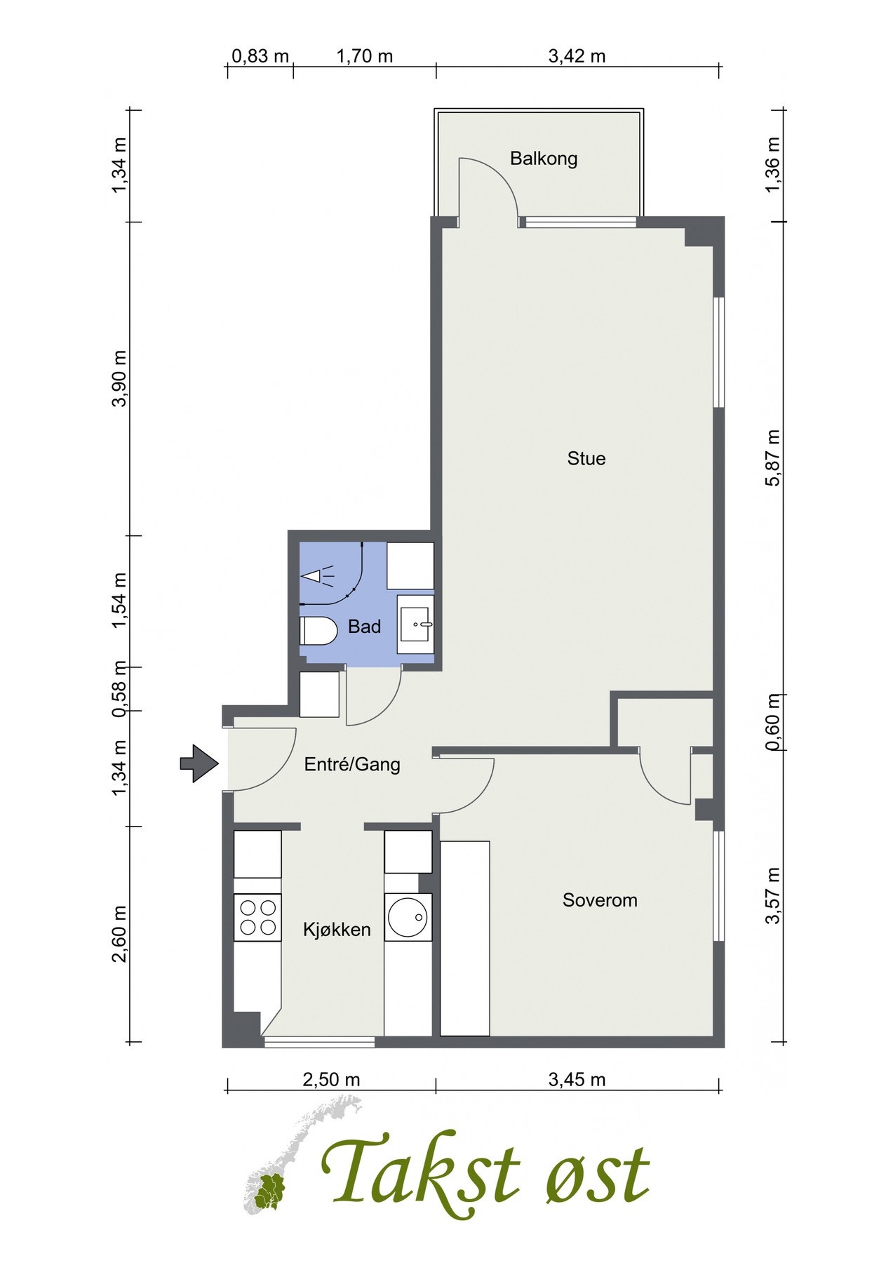 Plantegning. I tillegg disponerer leiligheten en bod i underetasjen på 1,3 kvm og en loftsbod med gulvareal på ca. 6 kvm. Galleribilde
