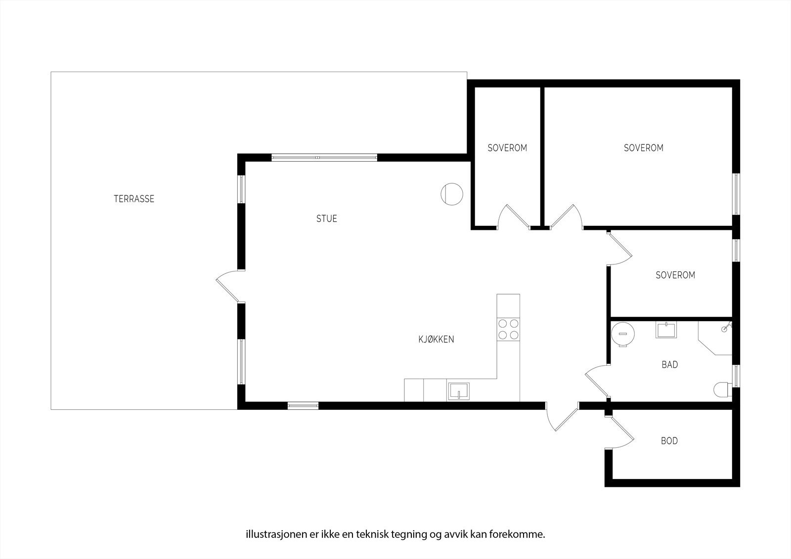 Hytta har en god planløsning med alt på en flate. Galleribilde