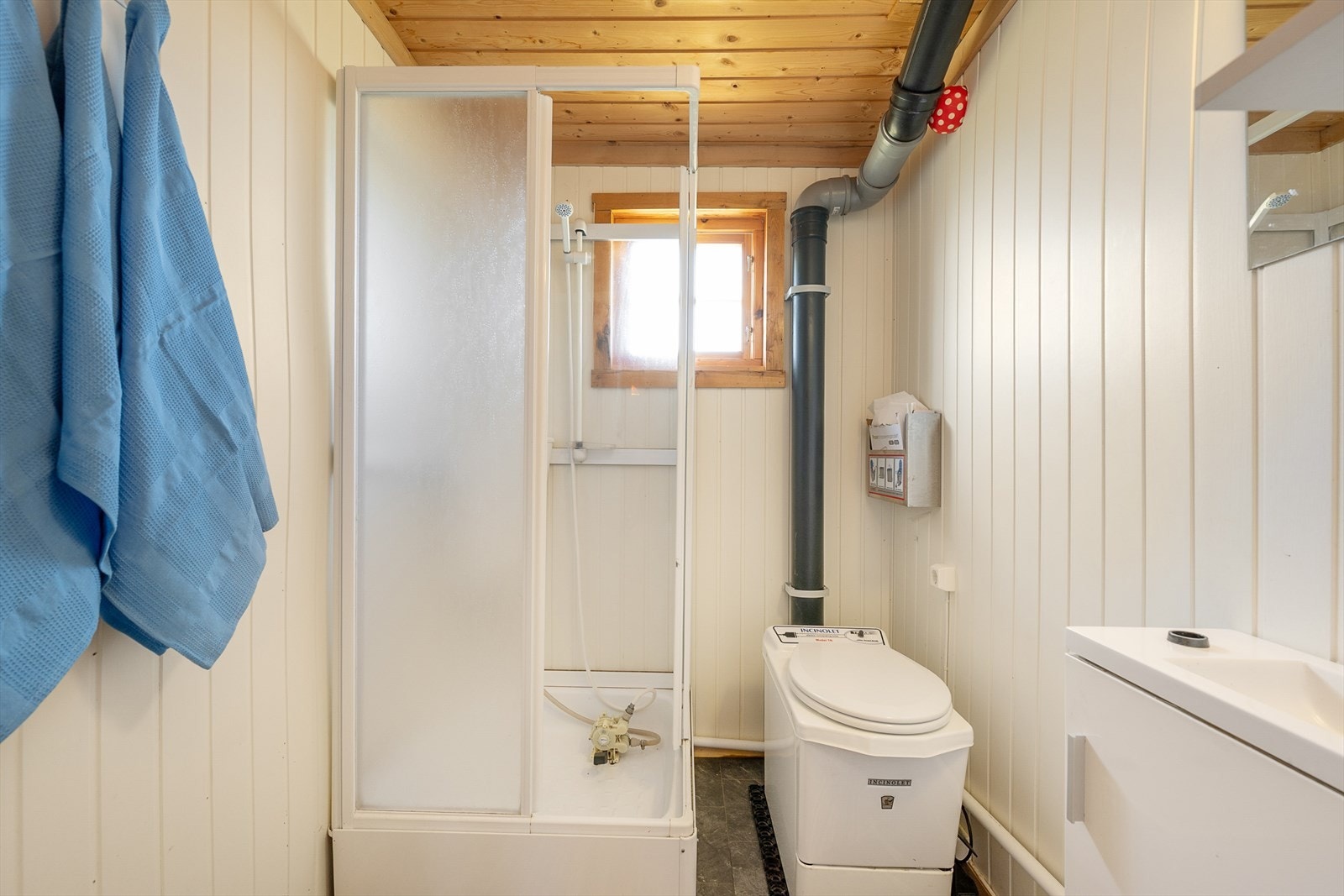 Enkelt baderom med hyttedusj og mulddo. Galleribilde