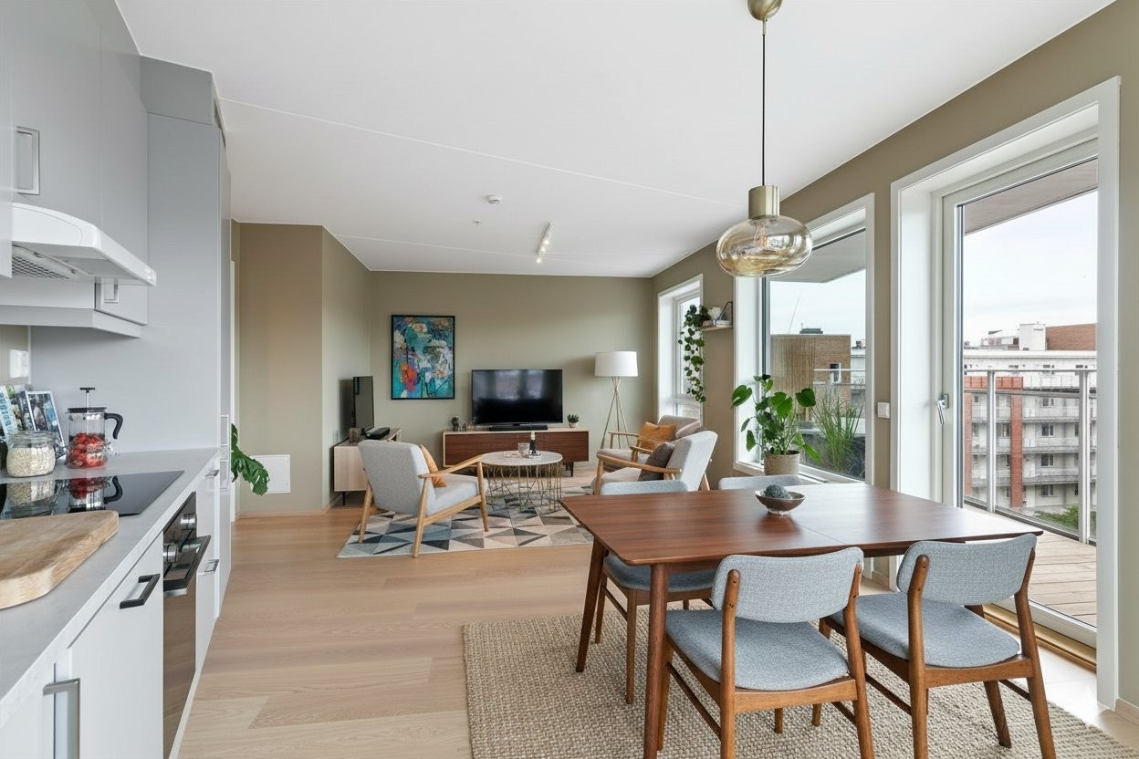 Eksempel-møblering. Vi har et annet og bedre bord idag (kan utvides for flere gjester), kan muligens beholdes ved overtakelse Galleribilde