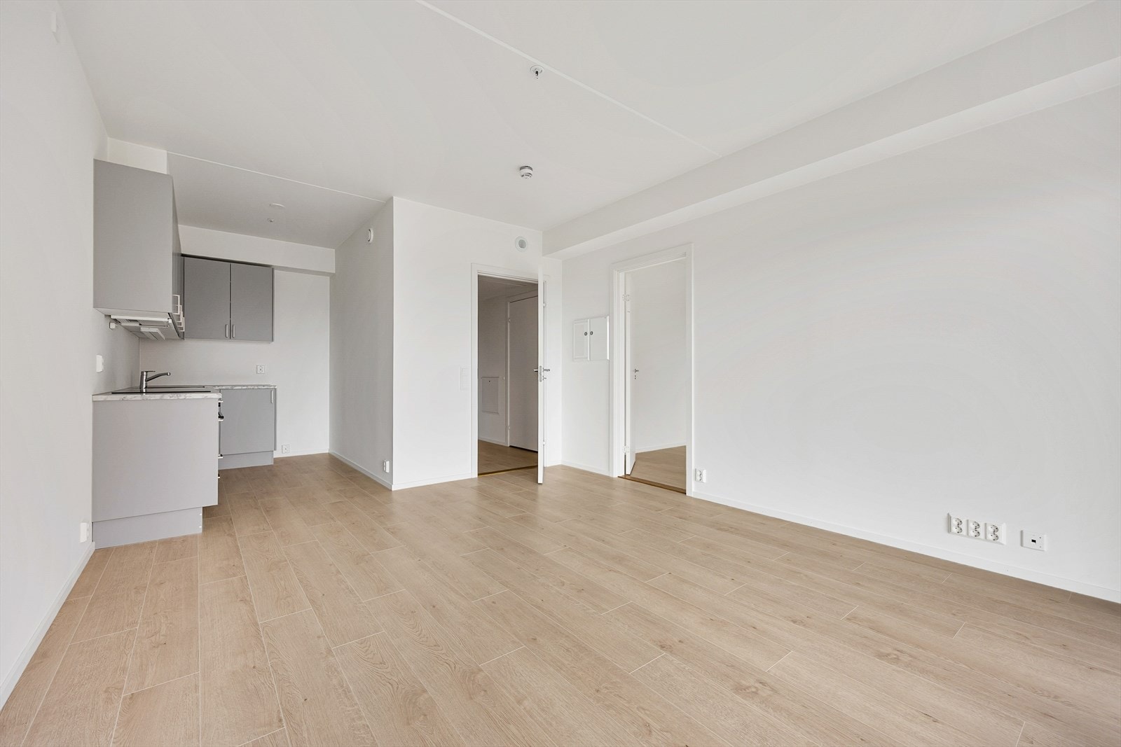 Stuen og kjøkkenet utgjør et allrom på 21,5 m², med gjennomgående 1-stavs parkett. Galleribilde