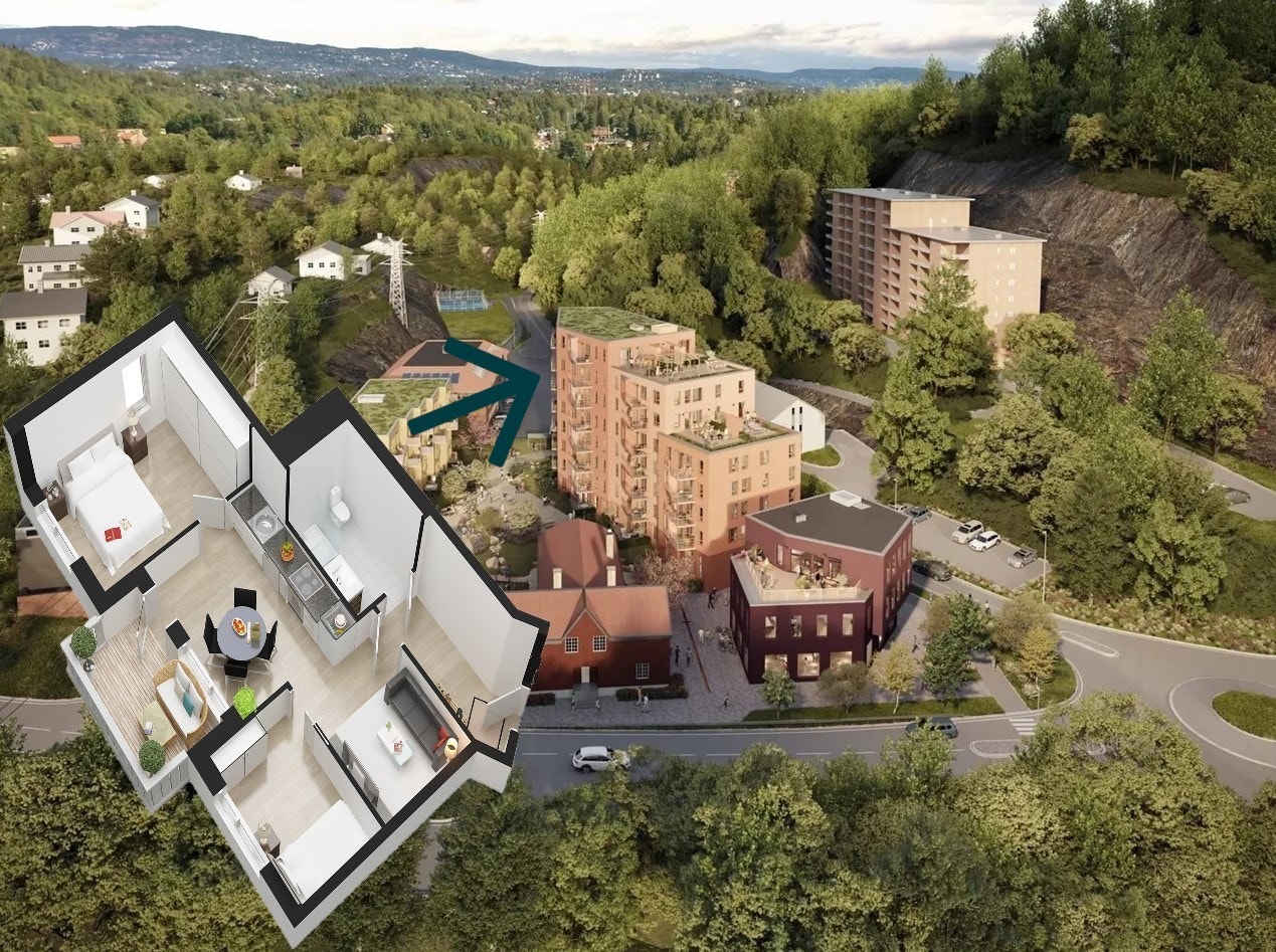 Omtrentlig plassering i 6. etg. i hus 2 inn mot gårdshage. Hus 1 får 4 boligetasjer. Galleribilde