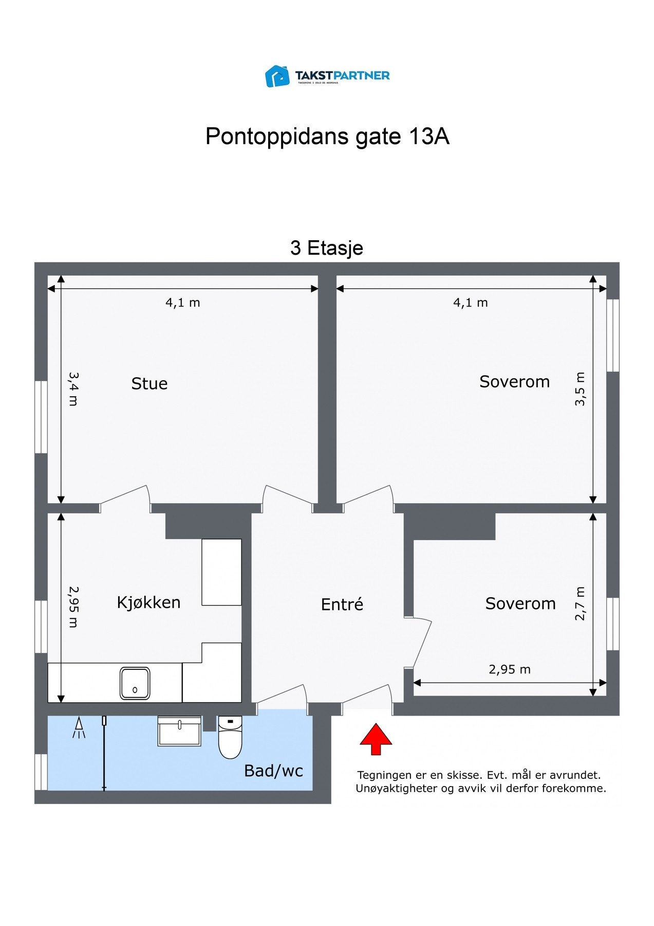 Inneholder:
Entrè, stue. kjøkken, 2 soverom og bad/wc.
I tillegg disponerers to stk. loftsboder på ca. 4 + 4 m². men bodene er ikke målbare grunnet skråtak.
To stk. kjellerboder på ca. 3 m². og 4 m². Galleribilde