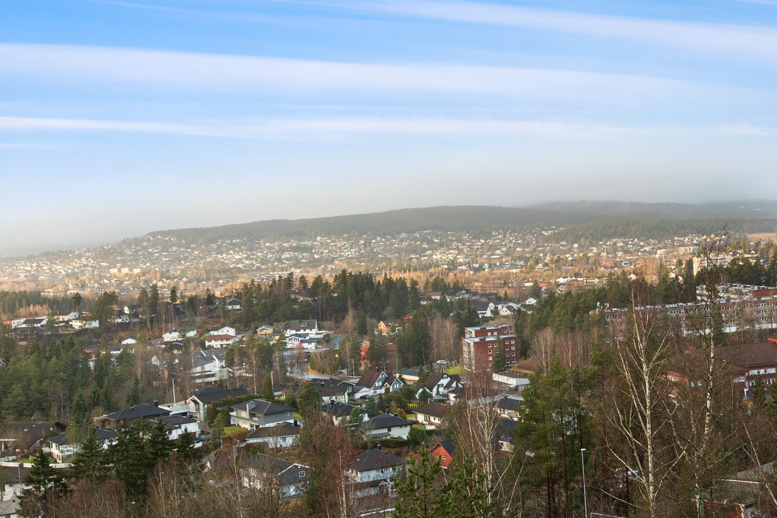 Panoramautsikt over et boligområde med variert bebyggelse og skogkledde åser i bakgrunnen. Galleribilde