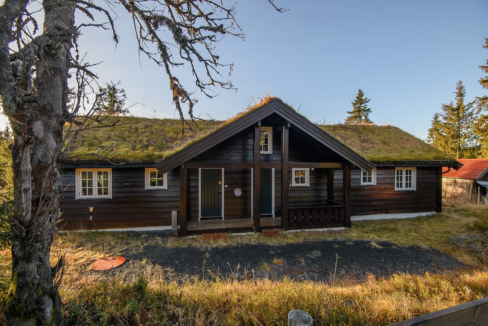 Overbygget inngangsparti på hytta med en romslig sportsbod vegg i vegg. Tradisjonell fasade med torvtak. Gruset gårdsplass og parkeringsarealer ved hytta. Ellers naturtomt. Galleribilde