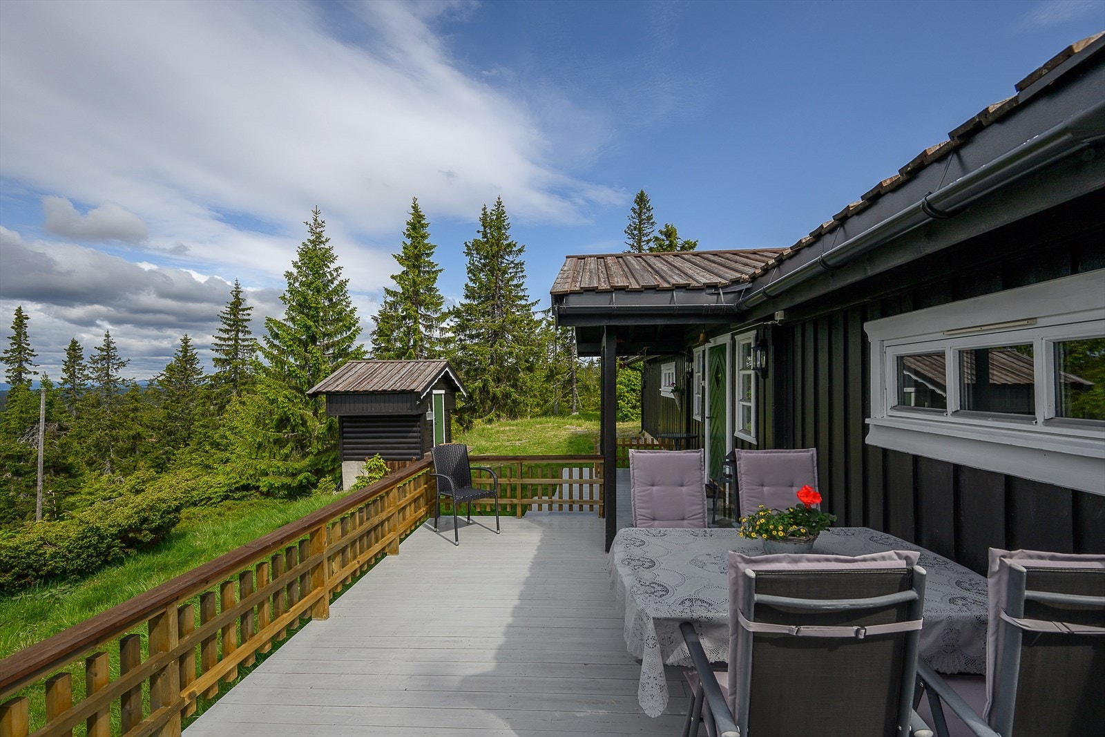 Fine møbleringsmuligheter på den romslige terrassen. Fint opparbeidet tomt rundt hytta med gressarealer og naturtomt. Noe skrånende terreng. Galleribilde