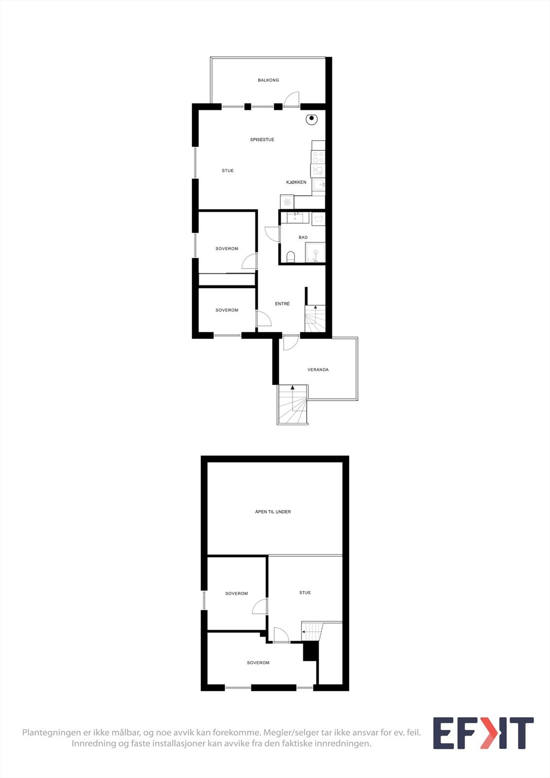 Plantegningen gir en komplett oversikt over leilighetens to plan og romfordeling. Galleribilde
