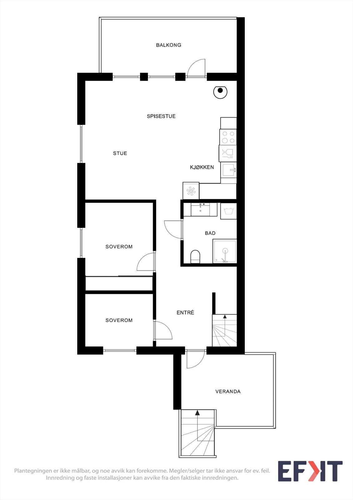 Plantegningen viser hovedetasjens planløsning med to soverom, bad og åpen stue/kjøkkenløsning. Galleribilde