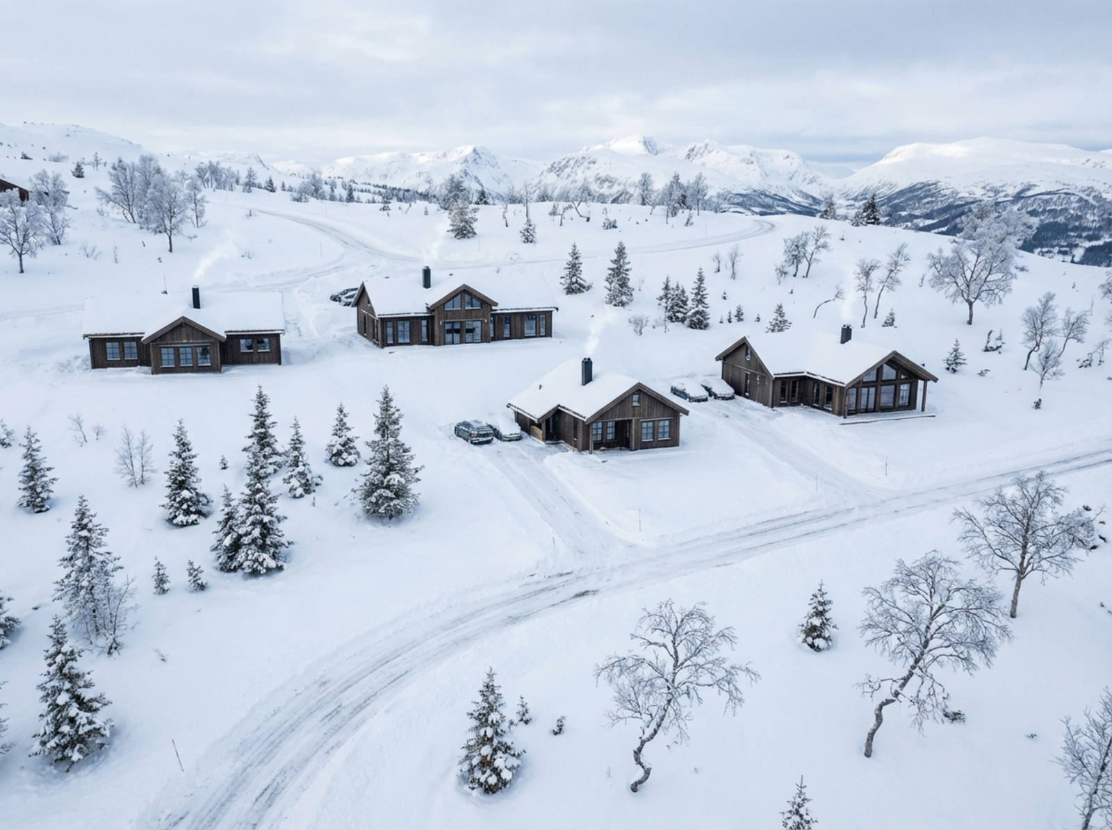 AI-illustrasjon av hytte på tomt. Omgivelser og hytter er kun illustrasjon og avviker fra virkelig leveranse og landskap Galleribilde